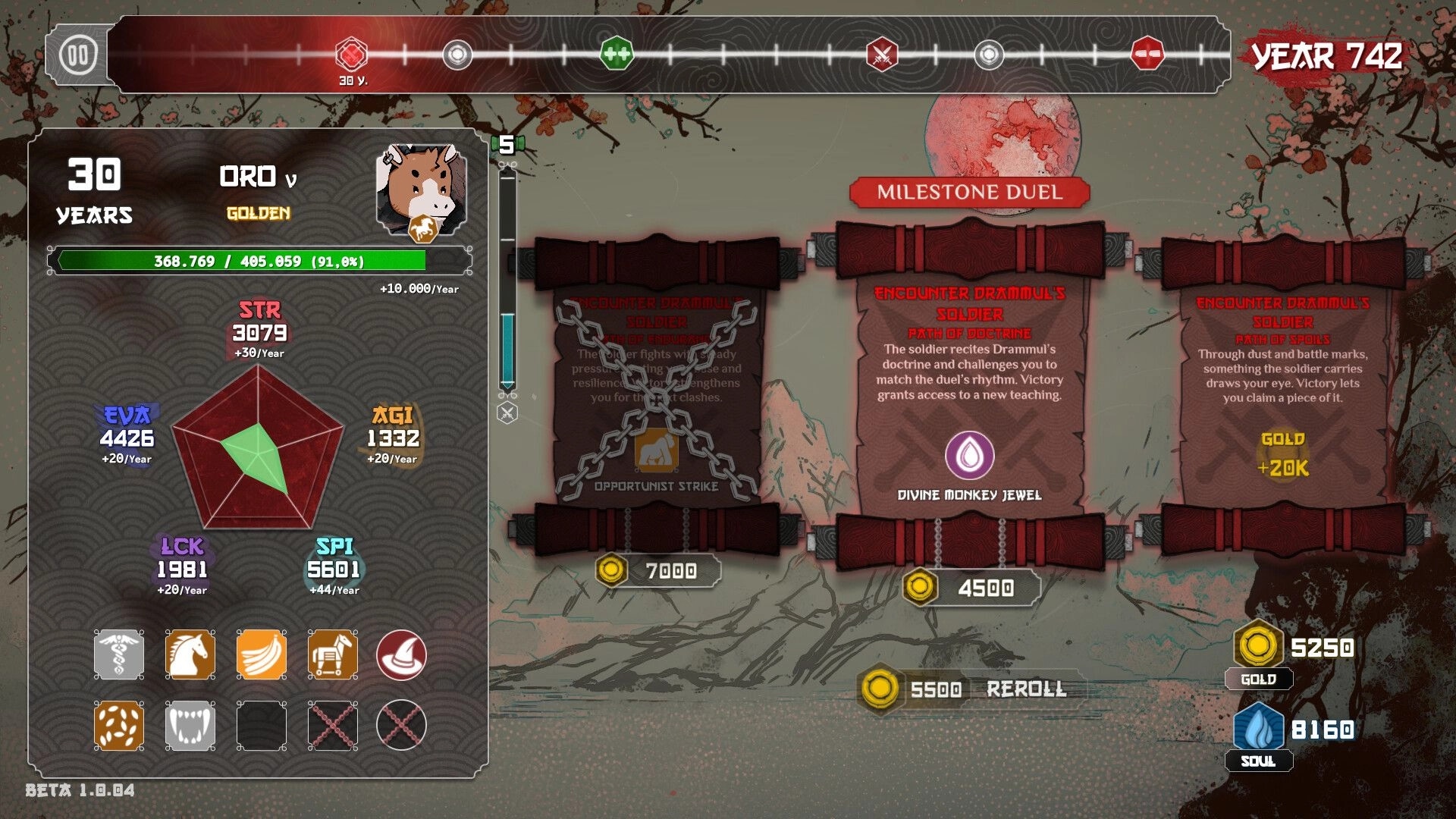 Heritage: Oro stats panel and milestone duel choice cards on a parchment map with currency UI.