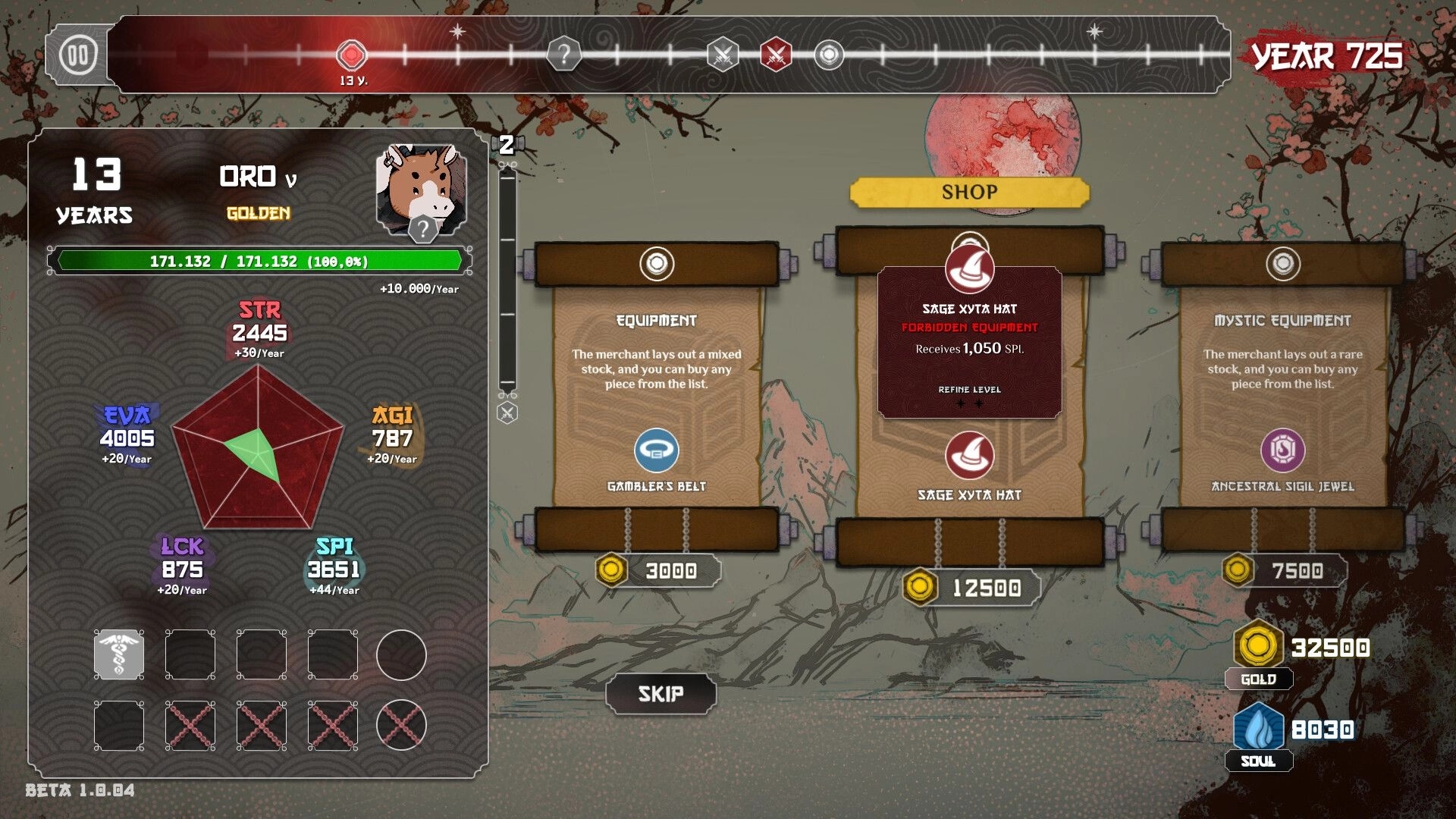 Heritage: Oro stats panel beside shop listing equipment and mystic items on parchment scrolls.