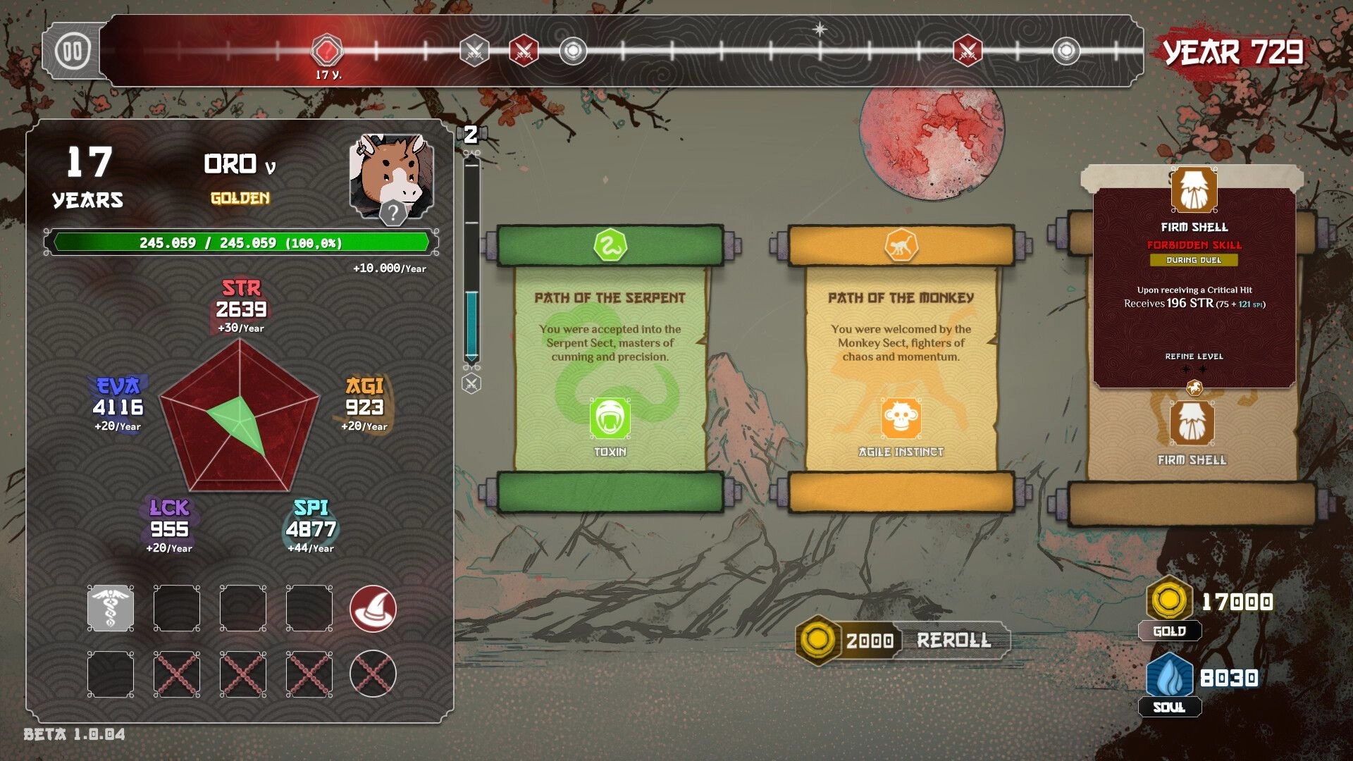 Heritage: Oro stat panel and sect choice cards with reroll button on moonlit mountain backdrop.