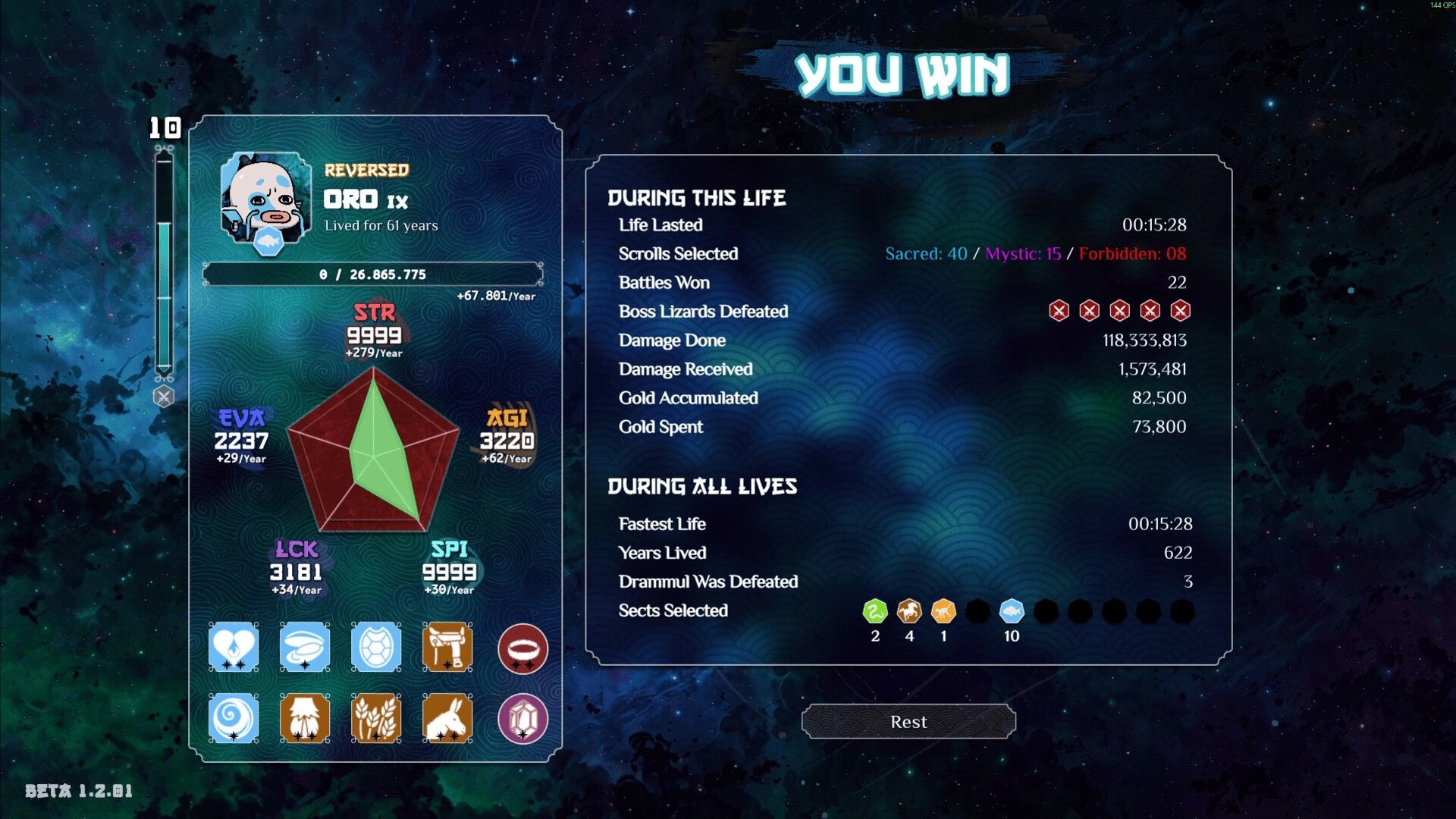 Heritage: You win results screen for Oro with stats radar and life summary panels on starry backdrop.