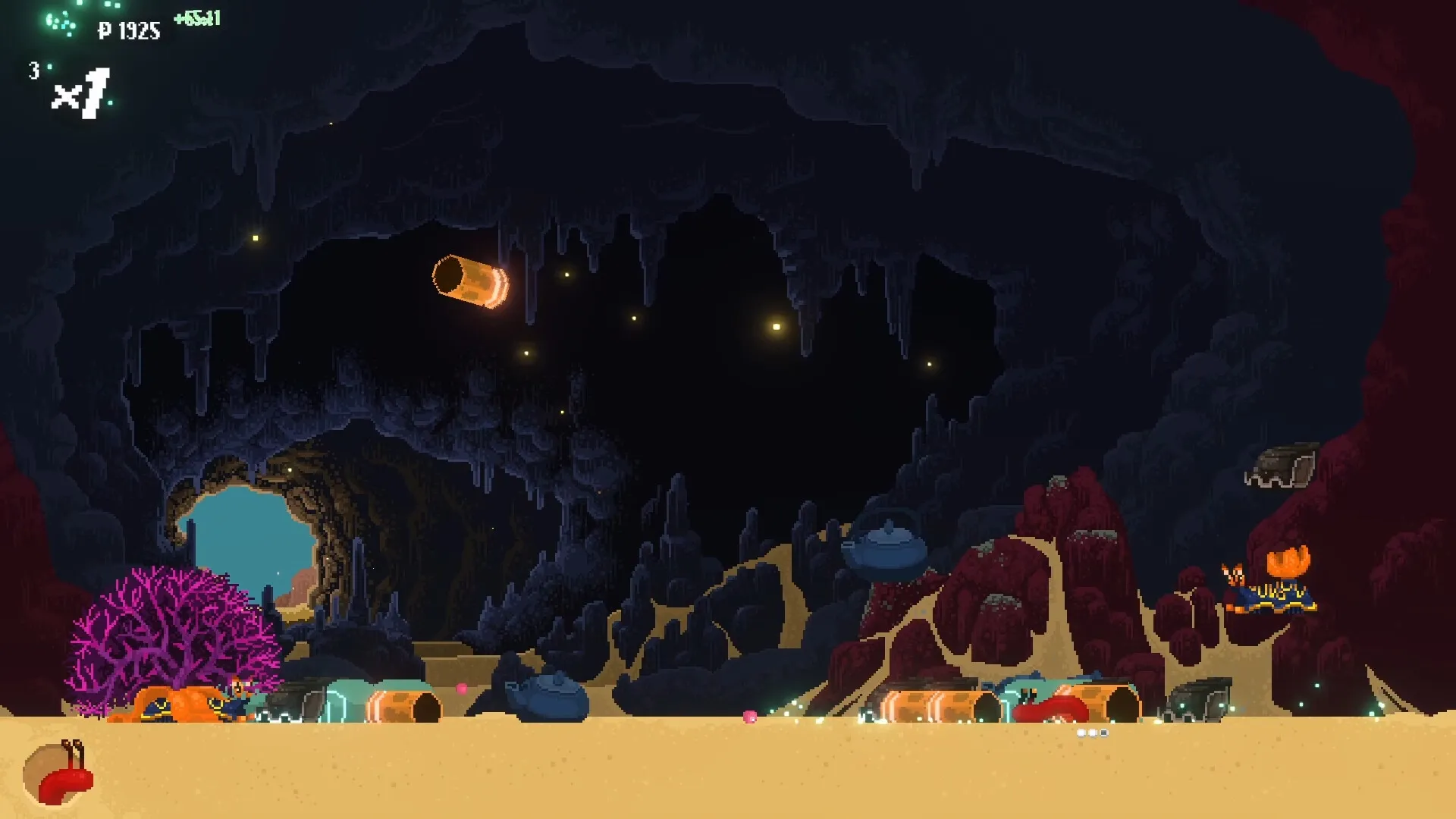 Hermit: Hermit crab navigates sandy cave with pink coral, treasure chests, and glowing light orbs.