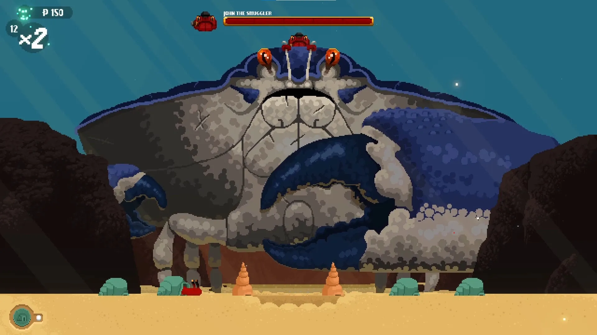 Hermit: Battle against giant crab boss John the Smuggler in sandy ocean floor setting