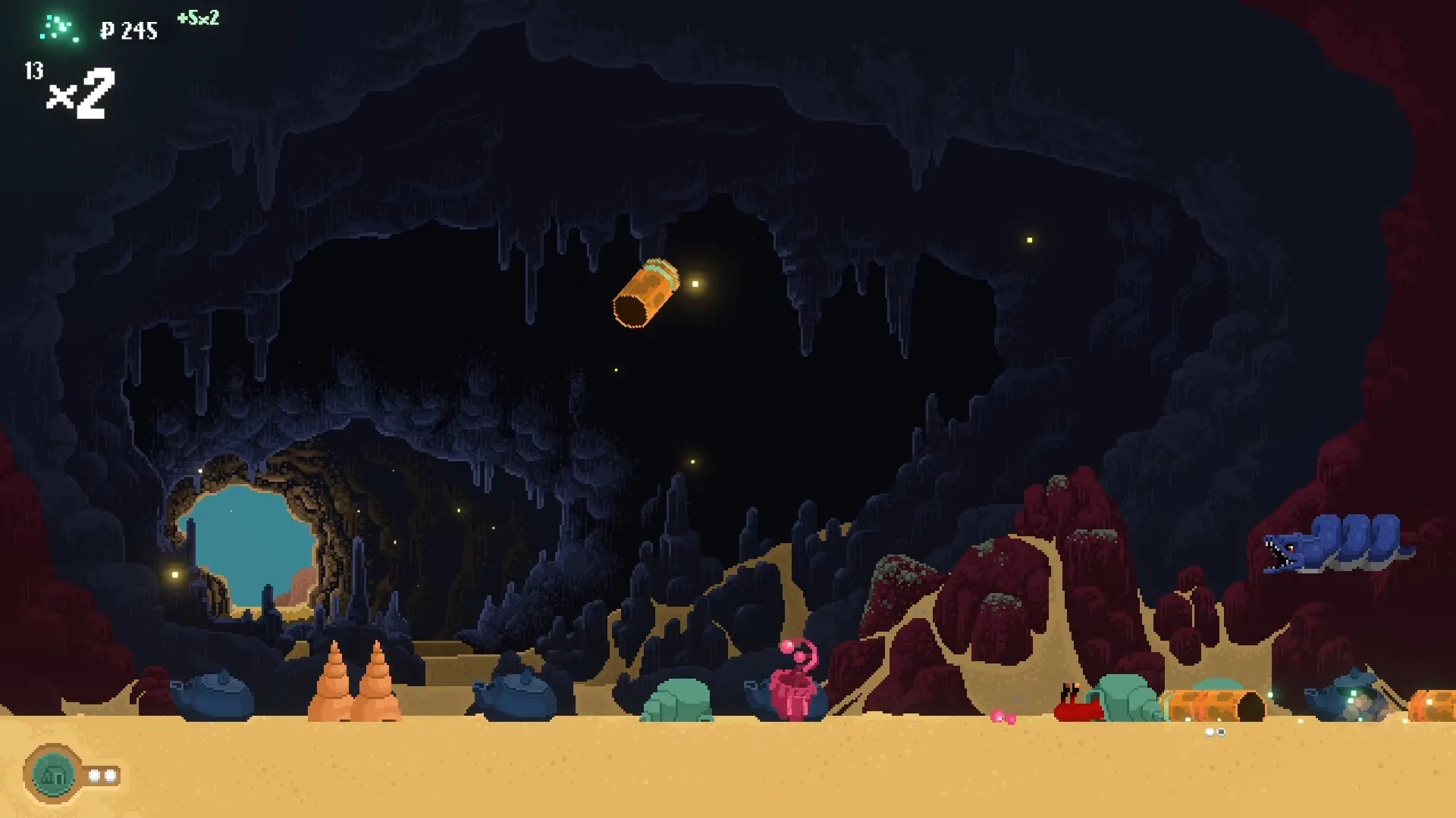 Hermit: Helpless crab in combat with sea creatures in a dark cave, surrounded by shells and treasures.