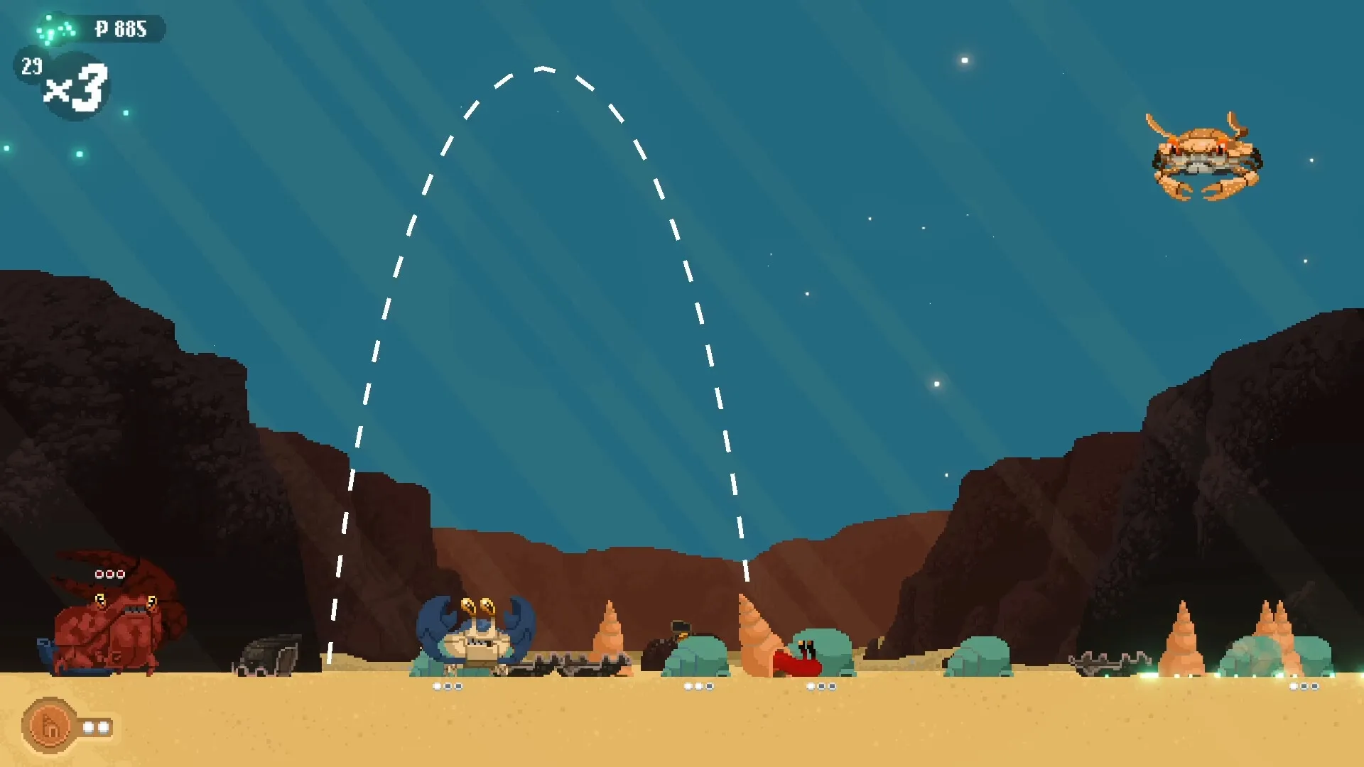 Hermit: Combat with a giant crab enemy on a sandy seabed, trajectory line indicating projectile path