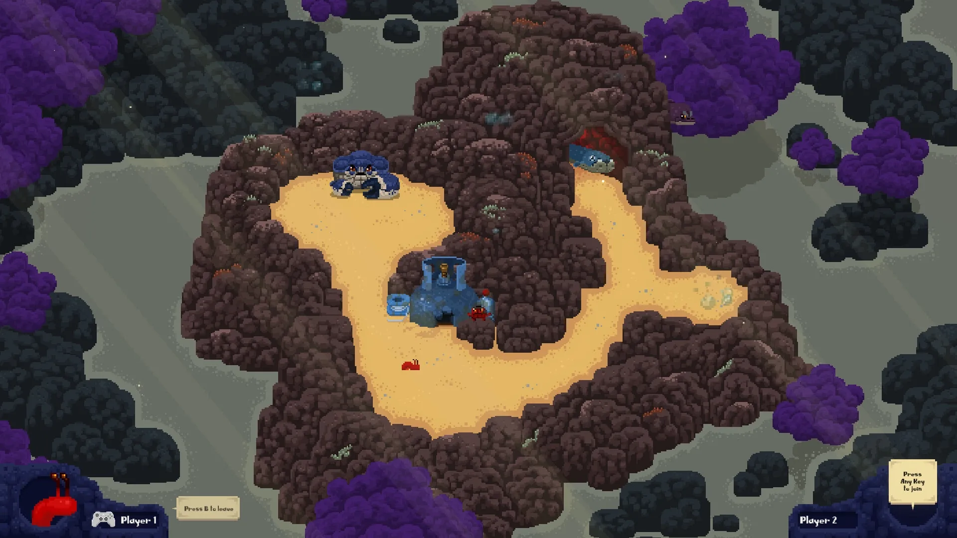 Hermit: Hermit crab explores rocky underwater terrain with enemy crustacean and UI elements visible