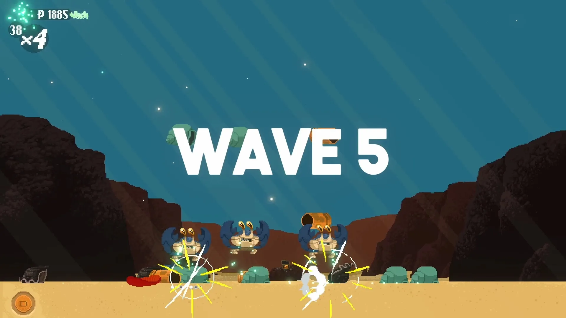 Hermit: Three hermit crabs battle enemies on sandy ocean floor, "Wave 5" text centered above them.