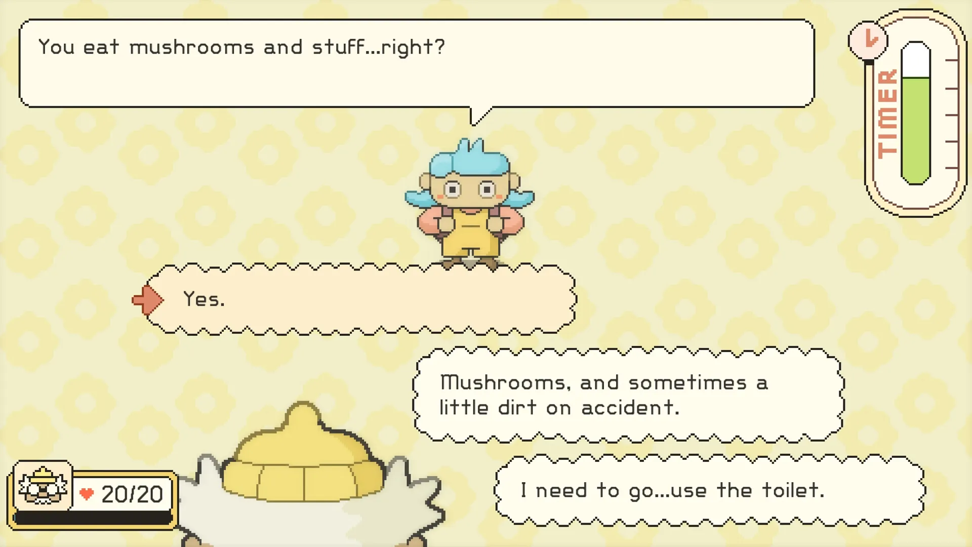 Hermit and Pig: Dialog choices with Hermit talking to character, health bar and timer on screen