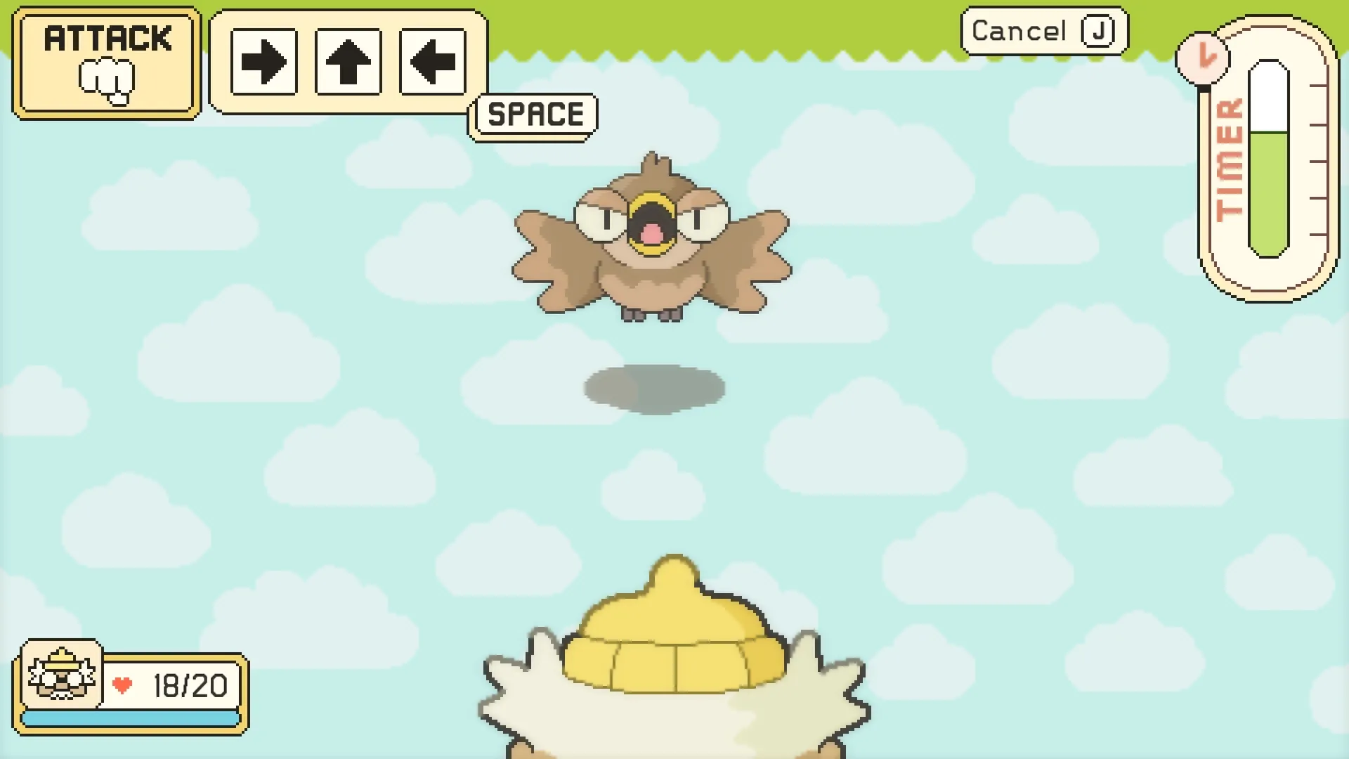 Hermit and Pig: Hermit facing off against a bird in the sky with attack options and a timer displayed