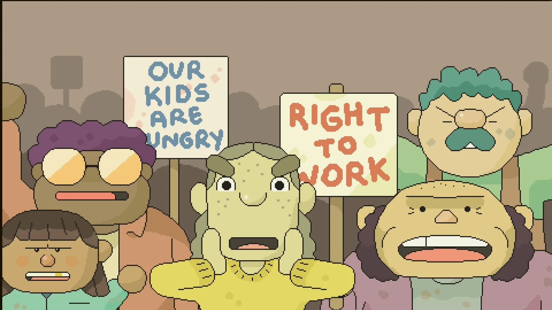Hermit and Pig: Protesters with "Our Kids Are Hungry" and "Right to Work" signs in crowded street.