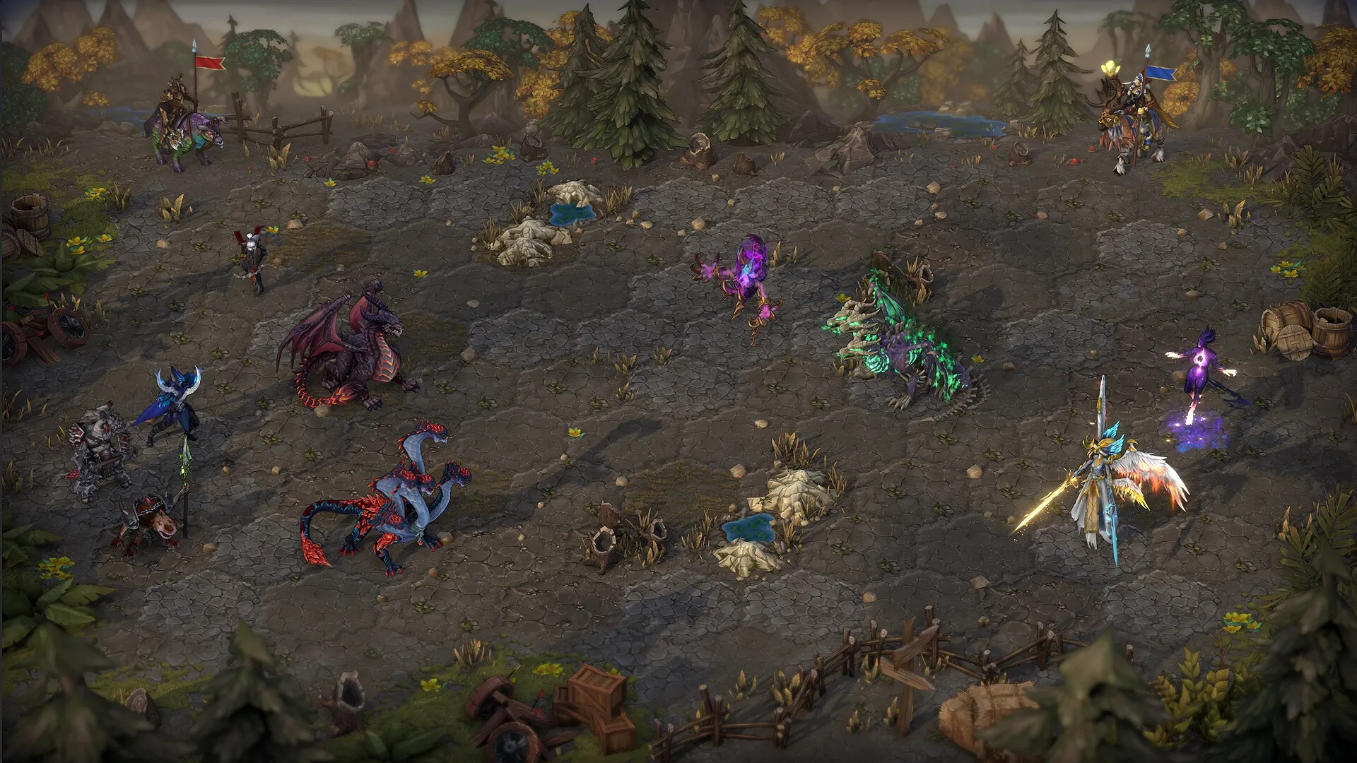 Heroes of Might and Magic: Combat scene with diverse creatures on a hexagonal battlefield in a forest setting.