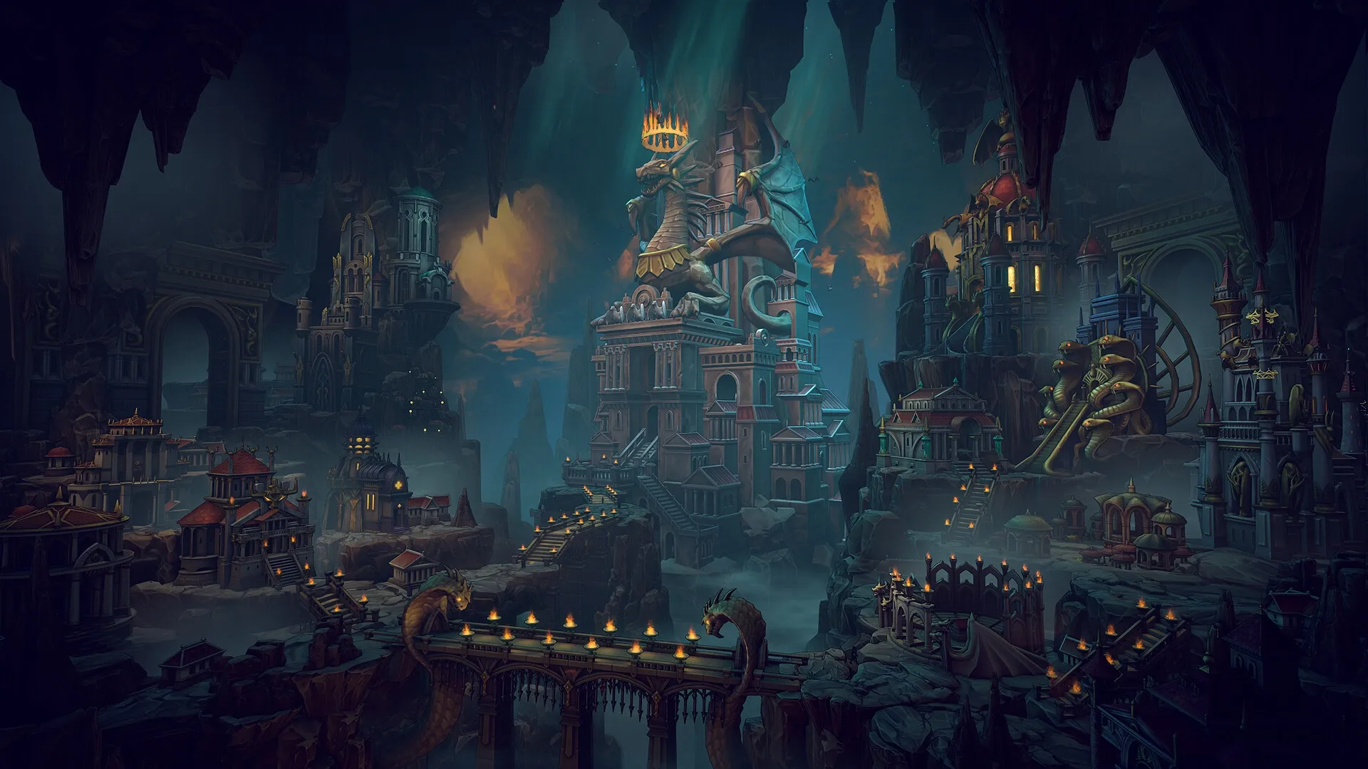 Heroes of Might and Magic: Vast underground cityscape with towering structures and mythical statues