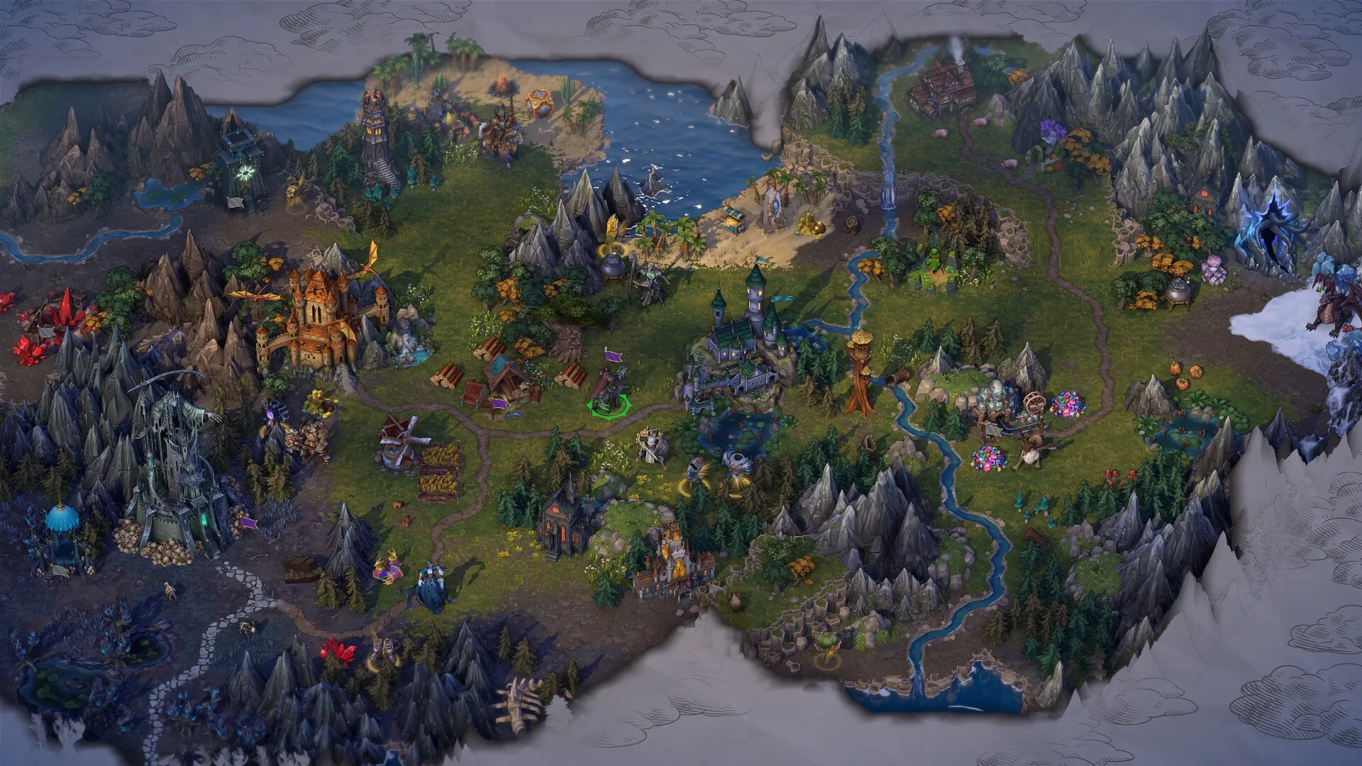 Heroes of Might and Magic: Strategic world map view with castles, forests, mountains, and rivers.