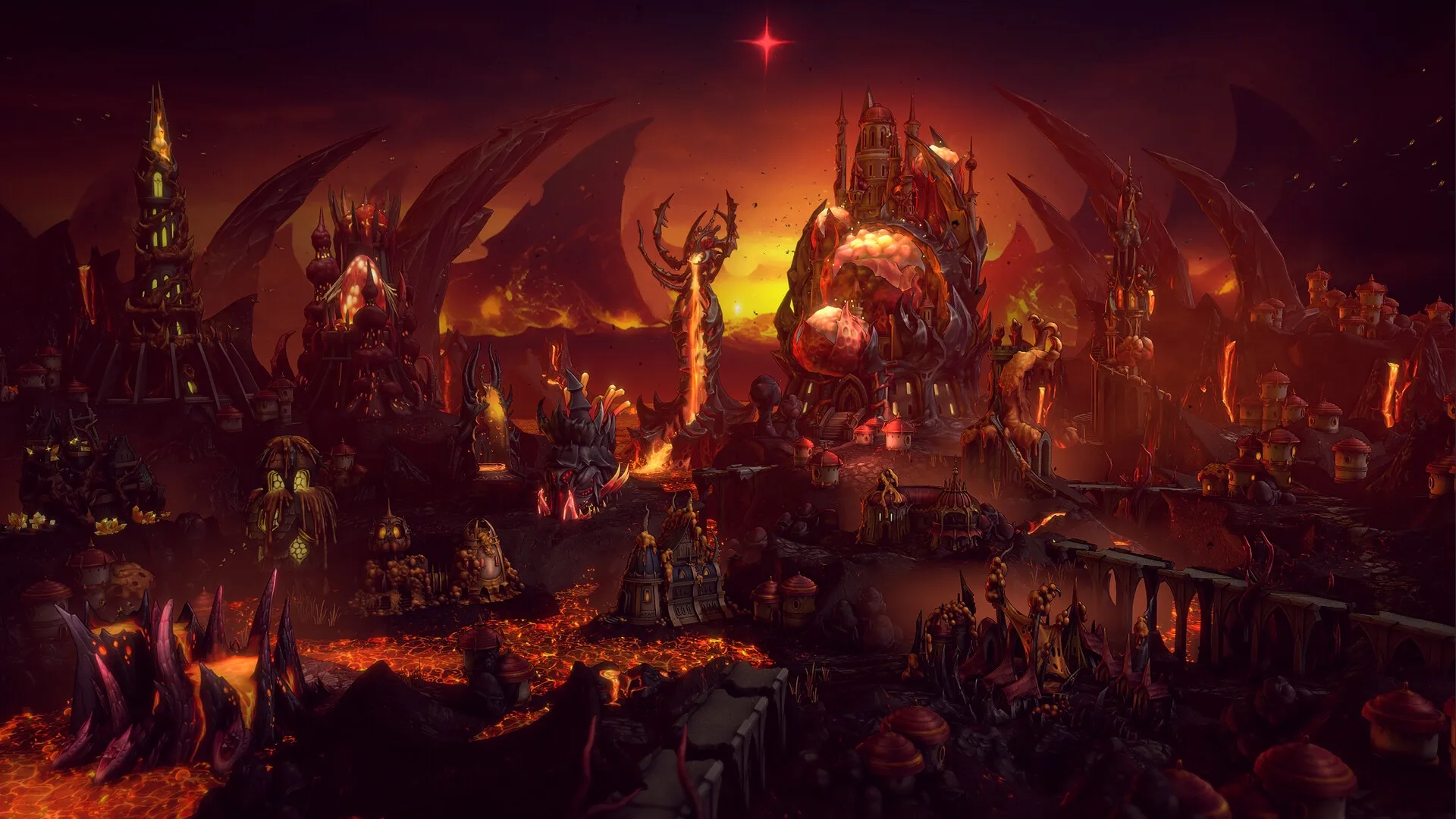Heroes of Might and Magic: Volcanic inferno landscape with towering buildings and flowing lava rivers