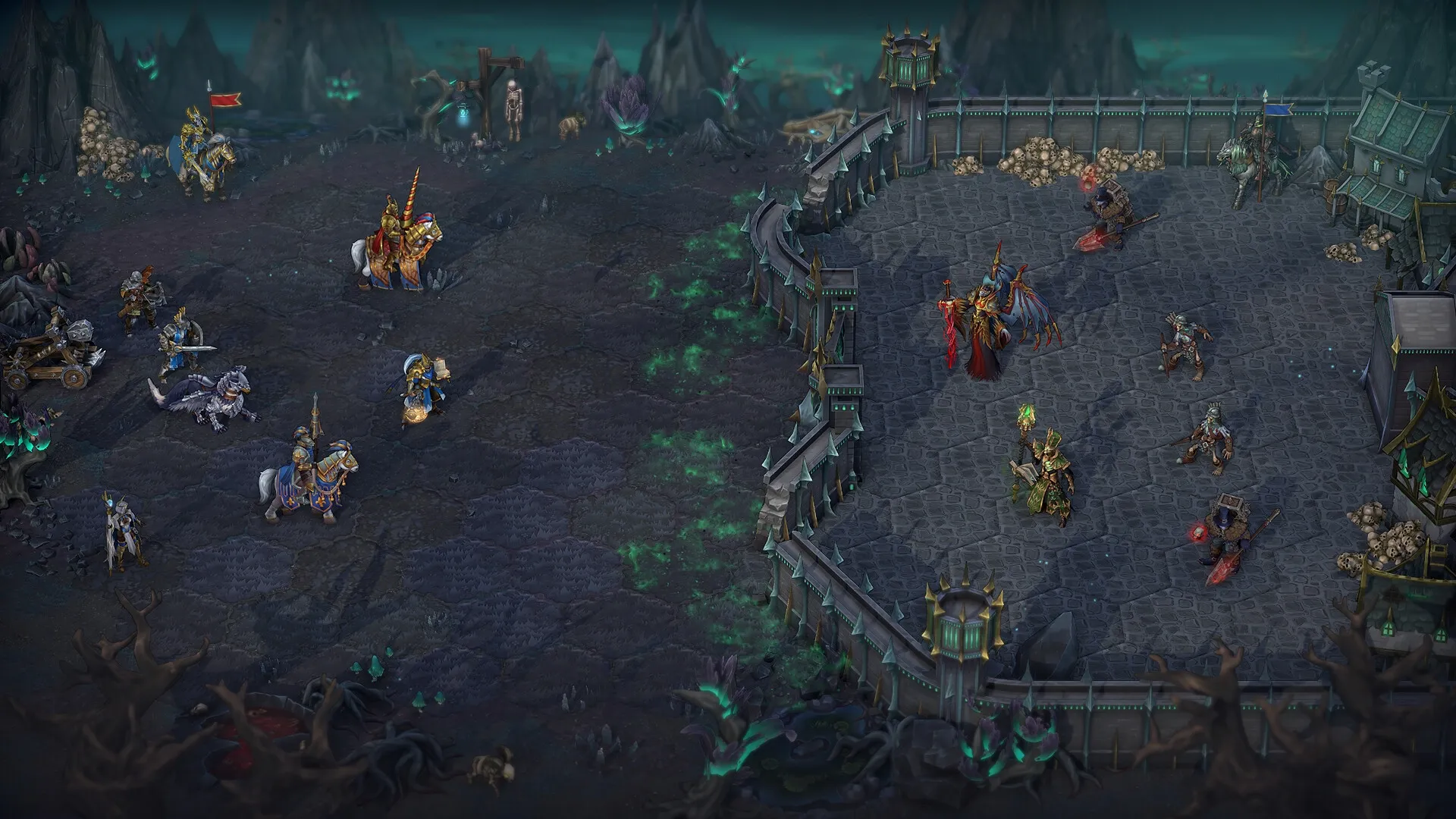 Heroes of Might and Magic: Strategic battle setup with armies facing off in a dark, fortified environment.