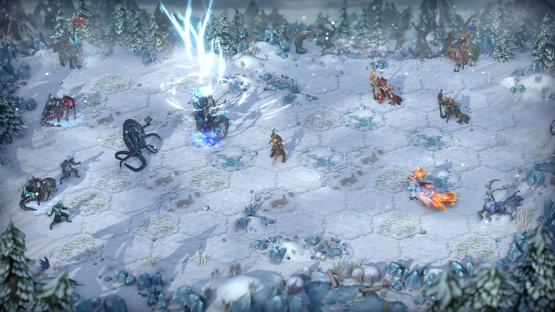 Heroes of Might and Magic: Intense battle scene with mythical creatures on a snowy, hexagonal battlefield