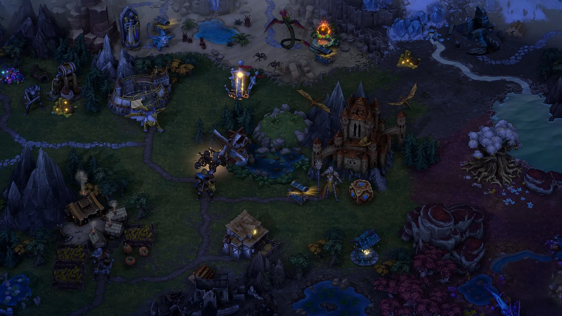 Heroes of Might and Magic: Overhead map view with castles, creatures, and resources in a mystical land.