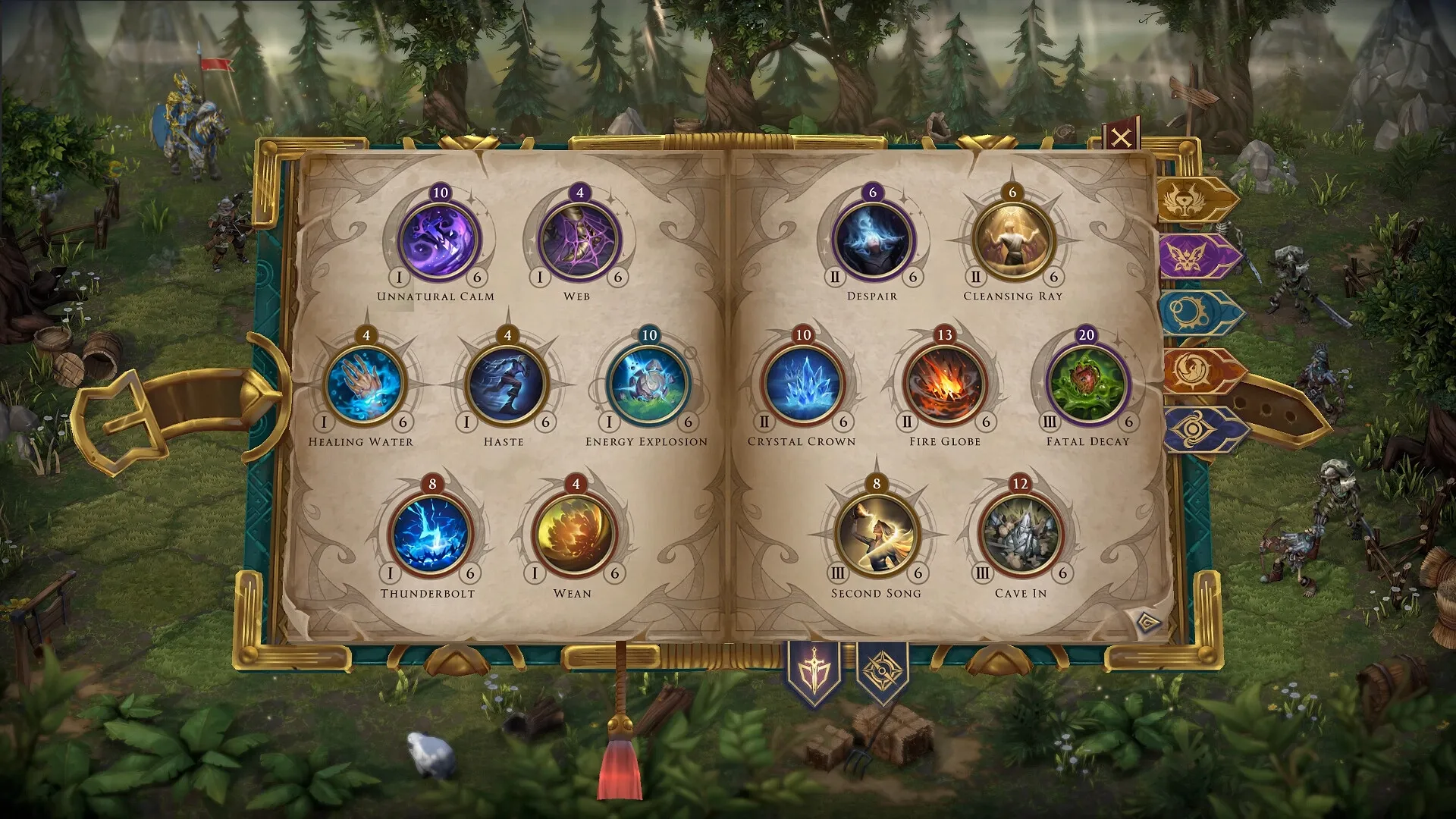 Heroes of Might and Magic: Spellbook menu in a forest setting with various spells and icons displayed