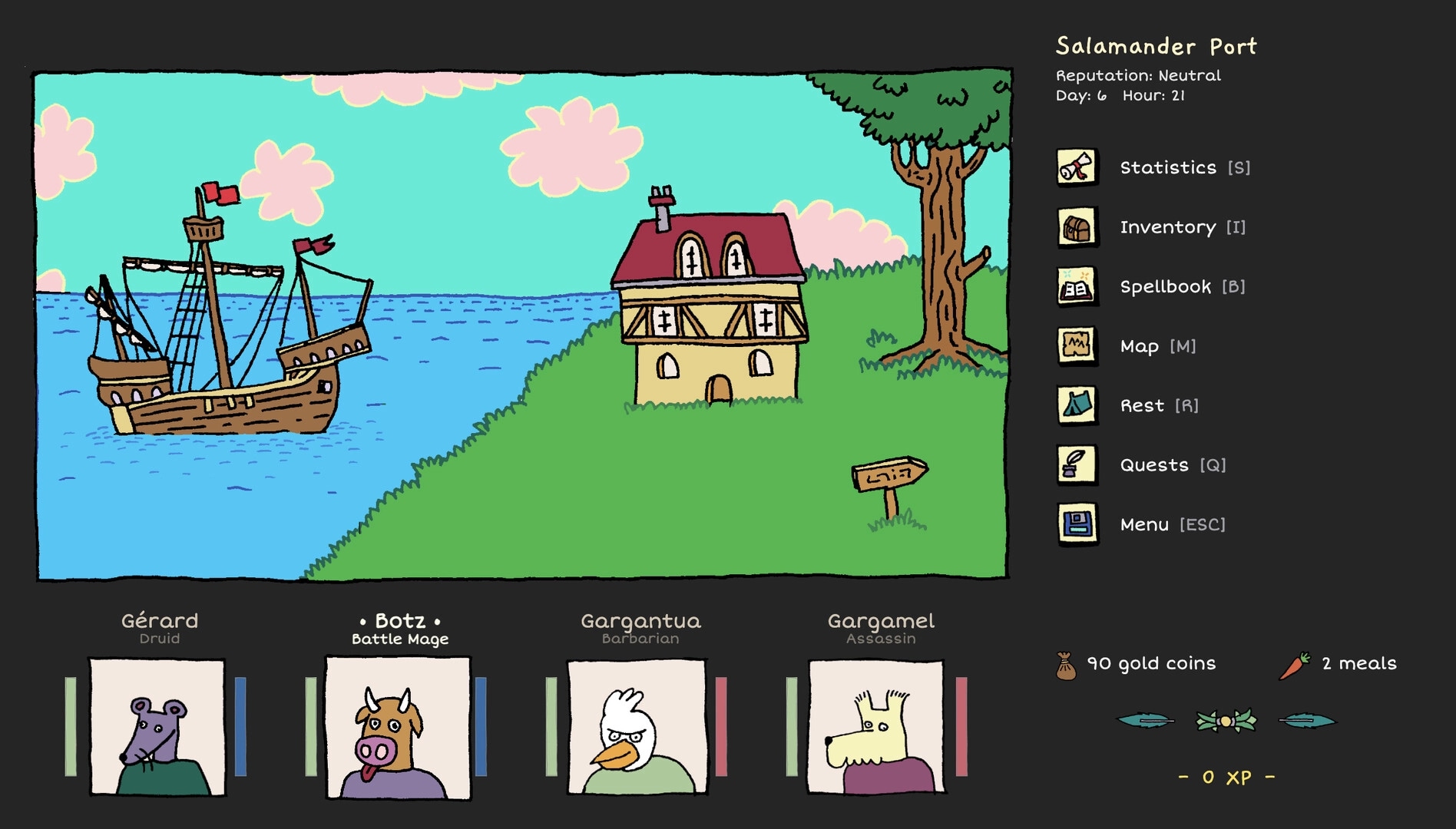 Heroes of the Seven Islands: Gérard, Botz, Gargantua, and Gargamel at Salamander Port interface screen