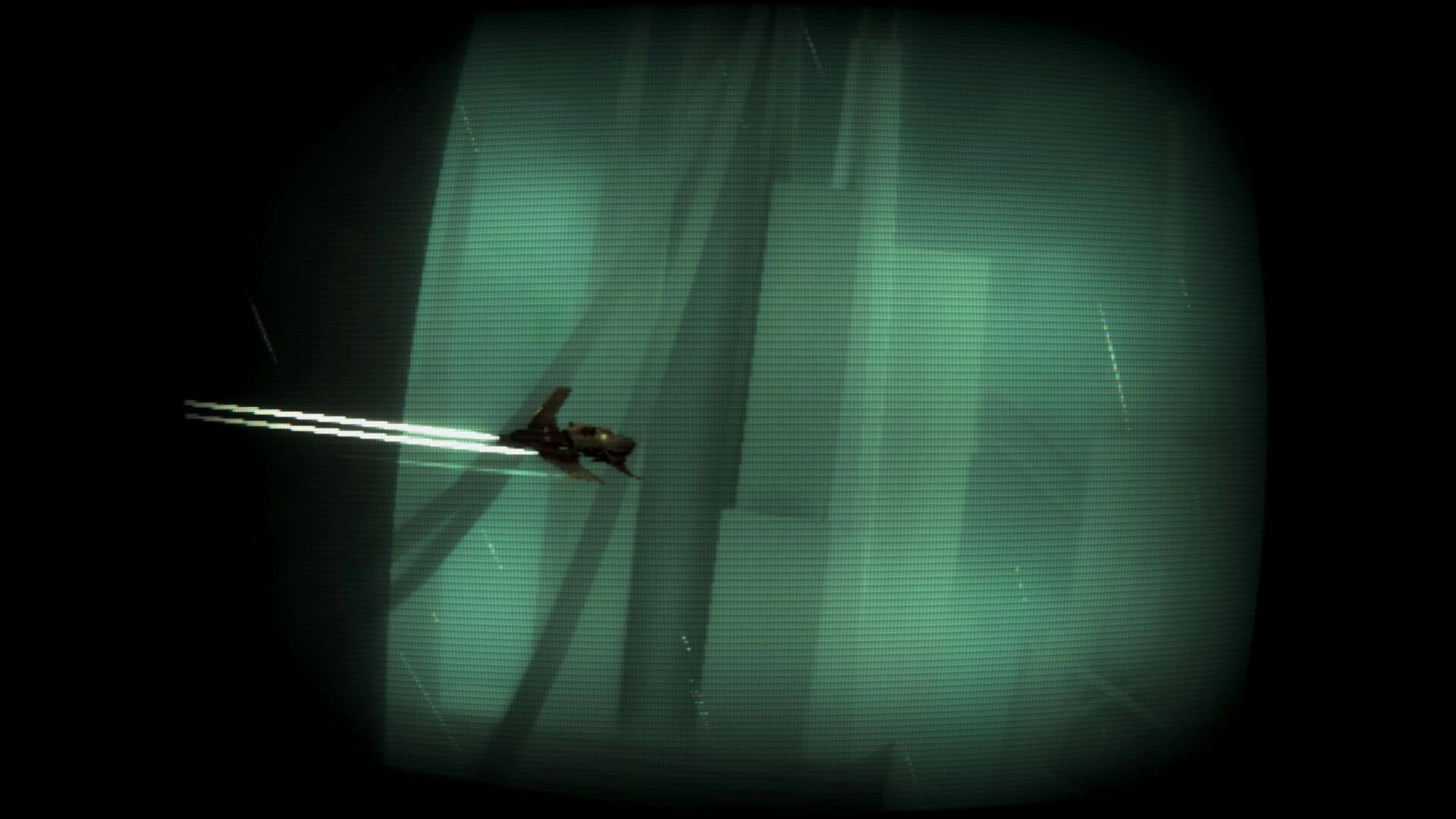 Herringen: Small ship navigates dark, green-tinted tunnels within a giant mechanical structure
