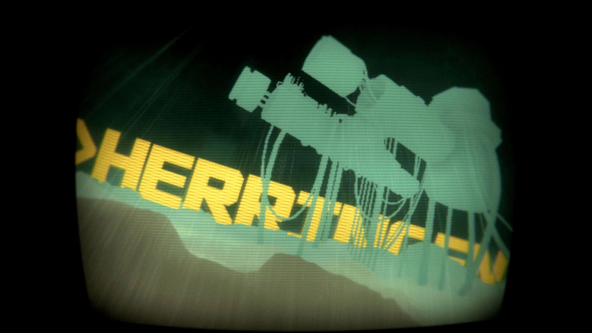 Herringen: Title screen with stylized text and silhouette of mechanical structures in dark setting