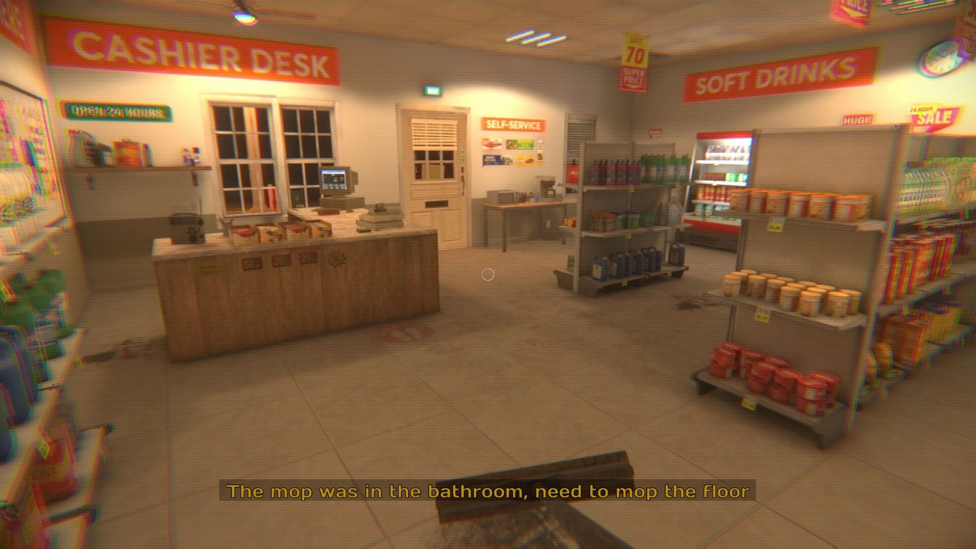 [HERROR] Gas Station Case: Interior view with cashier desk, shelves of soft drinks, and task prompt.
