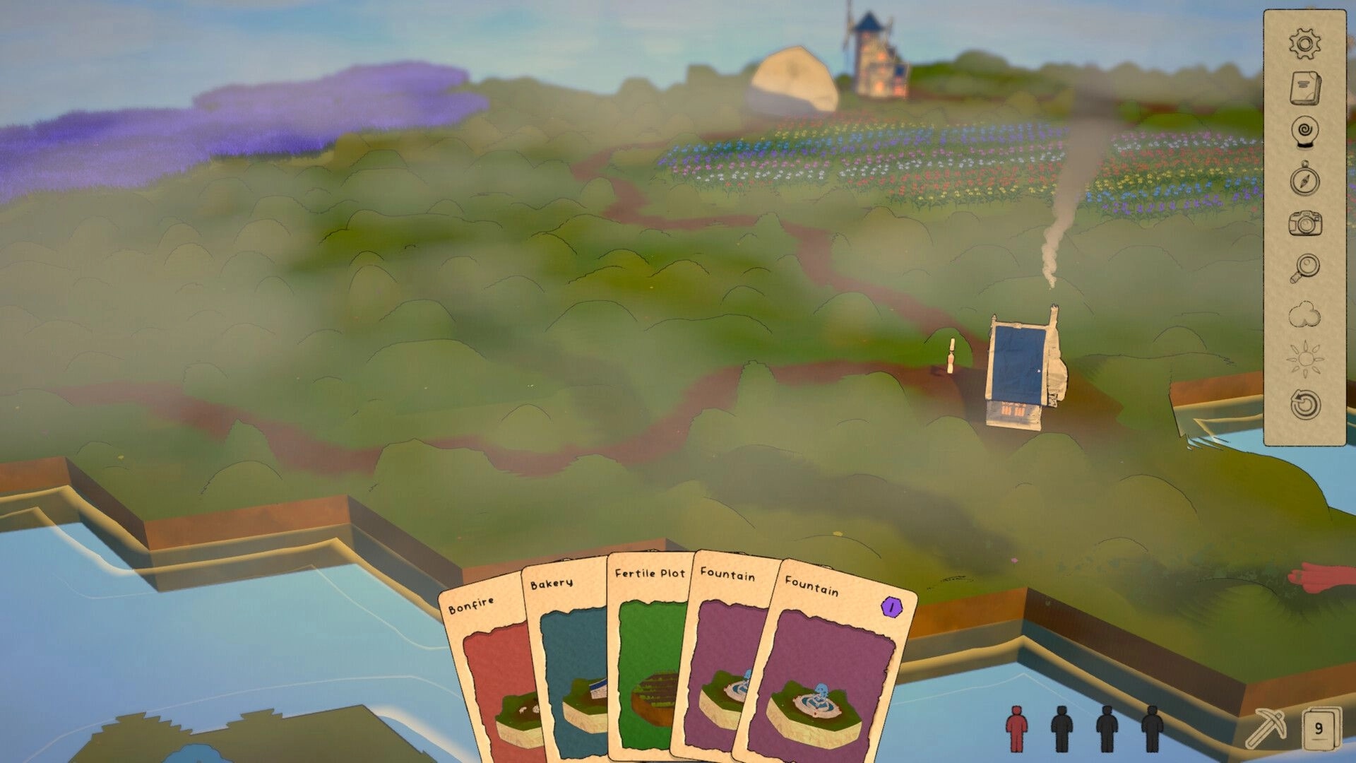 Hex Town: Card hand with bonfire, bakery, fertile plot and fountain over misty forest map UI.