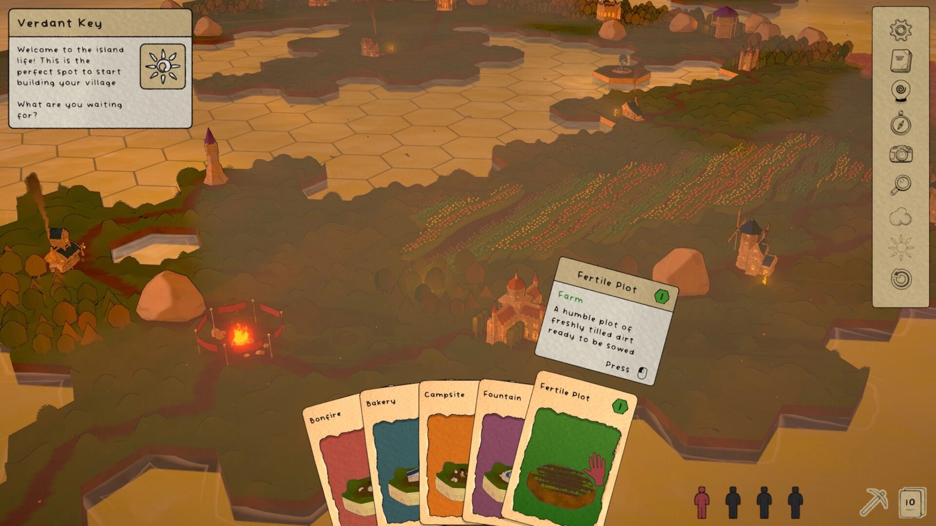 Hex Town: Selecting Fertile Plot card over hex island map with farms, bonfire, and side toolbar icons.