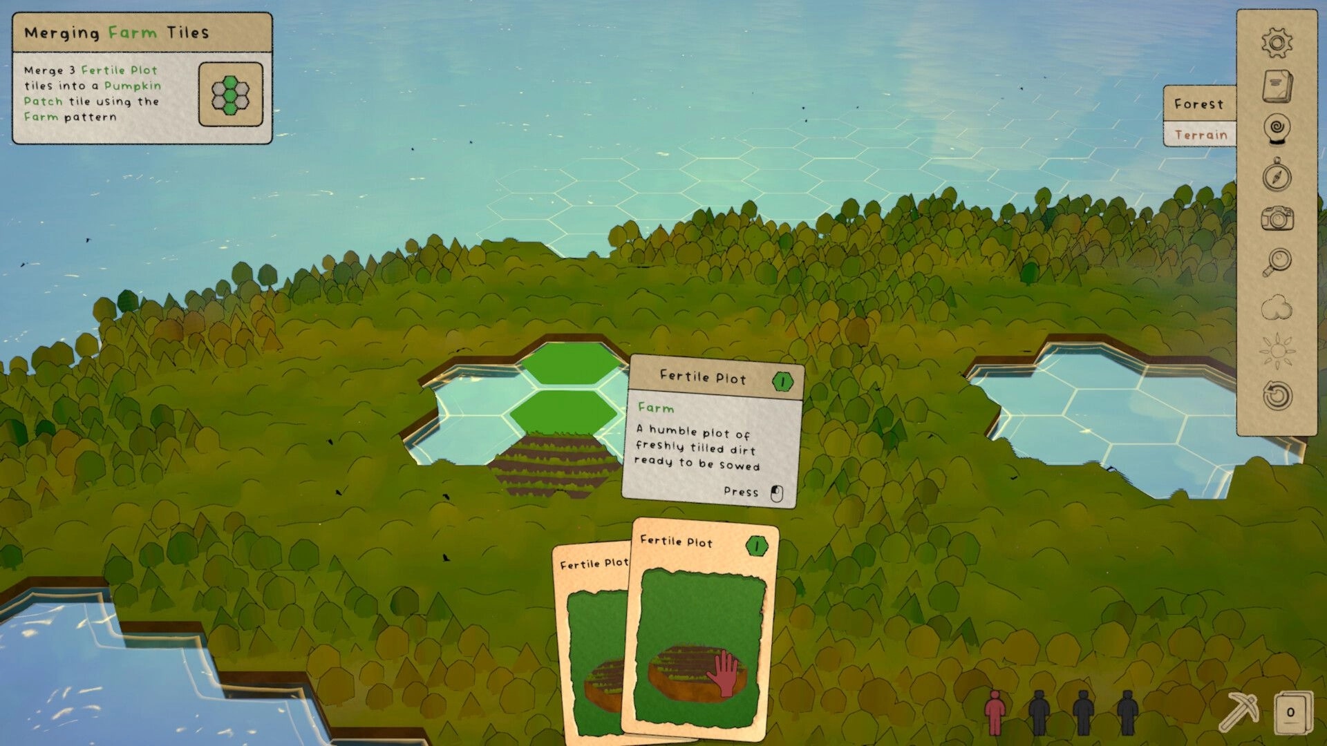Hex Town: Merging farm tiles with Fertile Plot cards on a forest hex map beside lakes and UI panels.