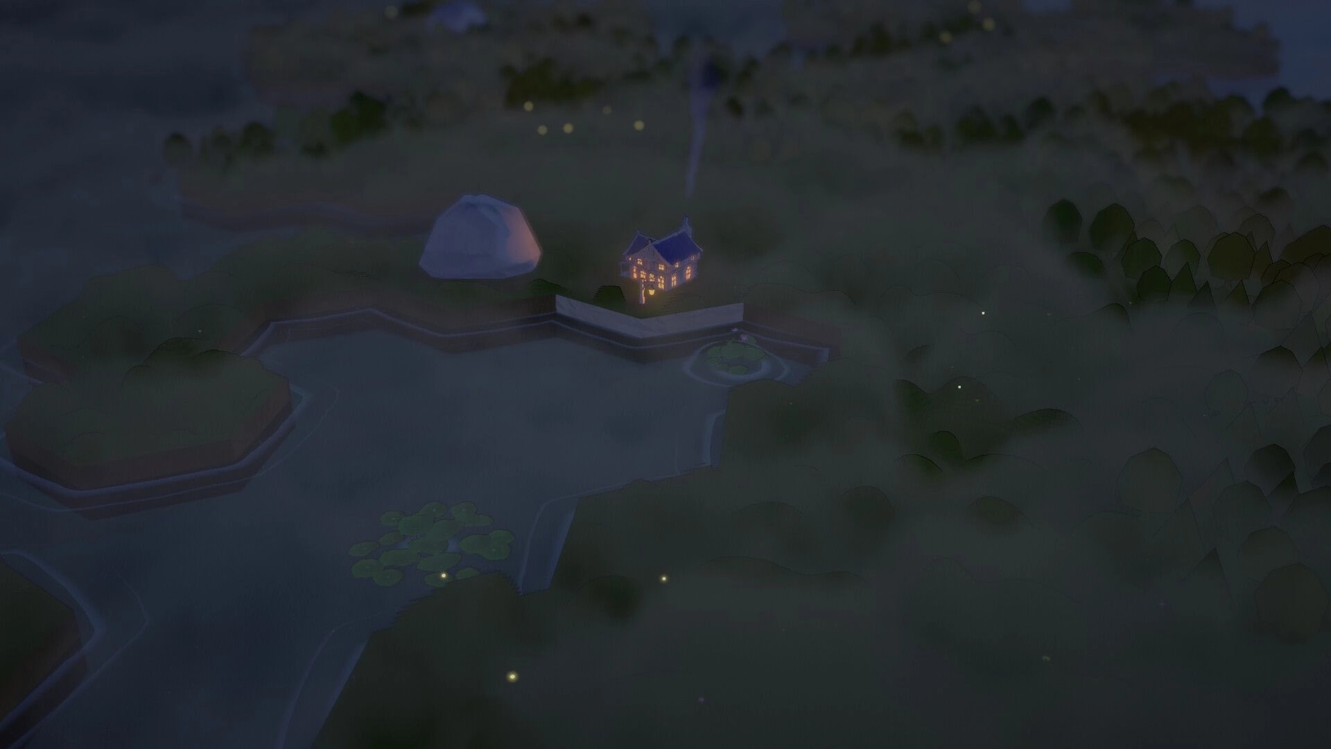 Hex Town: Lit house beside a lake and stone wall, surrounded by foggy forest at night.