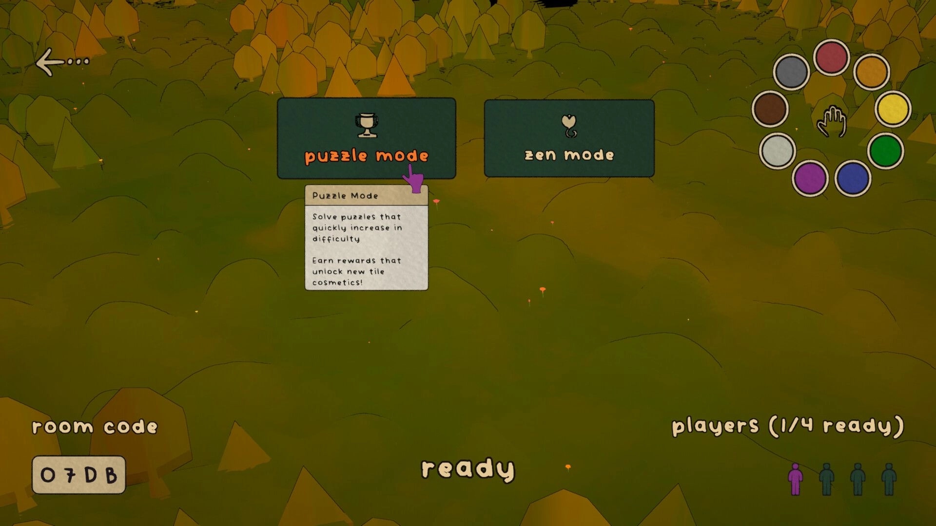 Hex Town: Multiplayer lobby with Puzzle Mode and Zen Mode buttons over a stylized forest map backdrop.