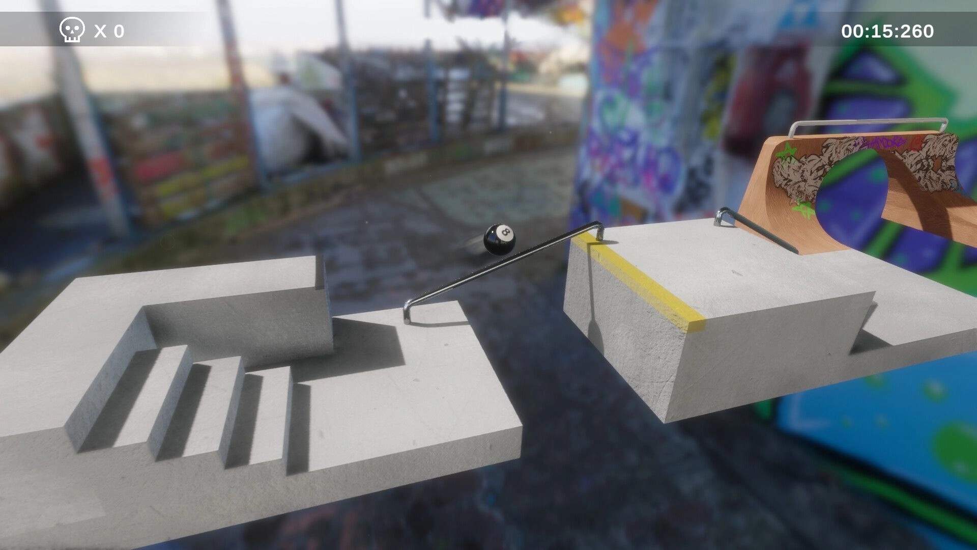 Hi-Fi Roller: 8-ball marble balances on a rail between floating platforms, timer and lives UI visible.