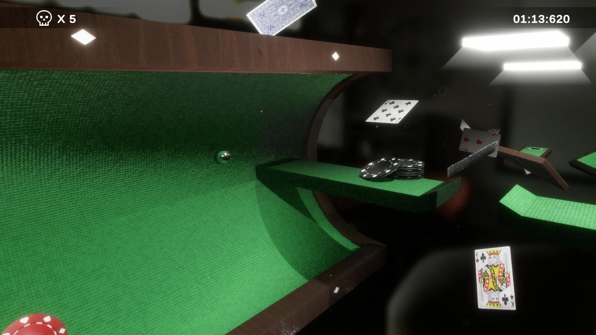 Hi-Fi Roller: Marble rolling along a green felt ramp with poker chips and cards, timer UI above.