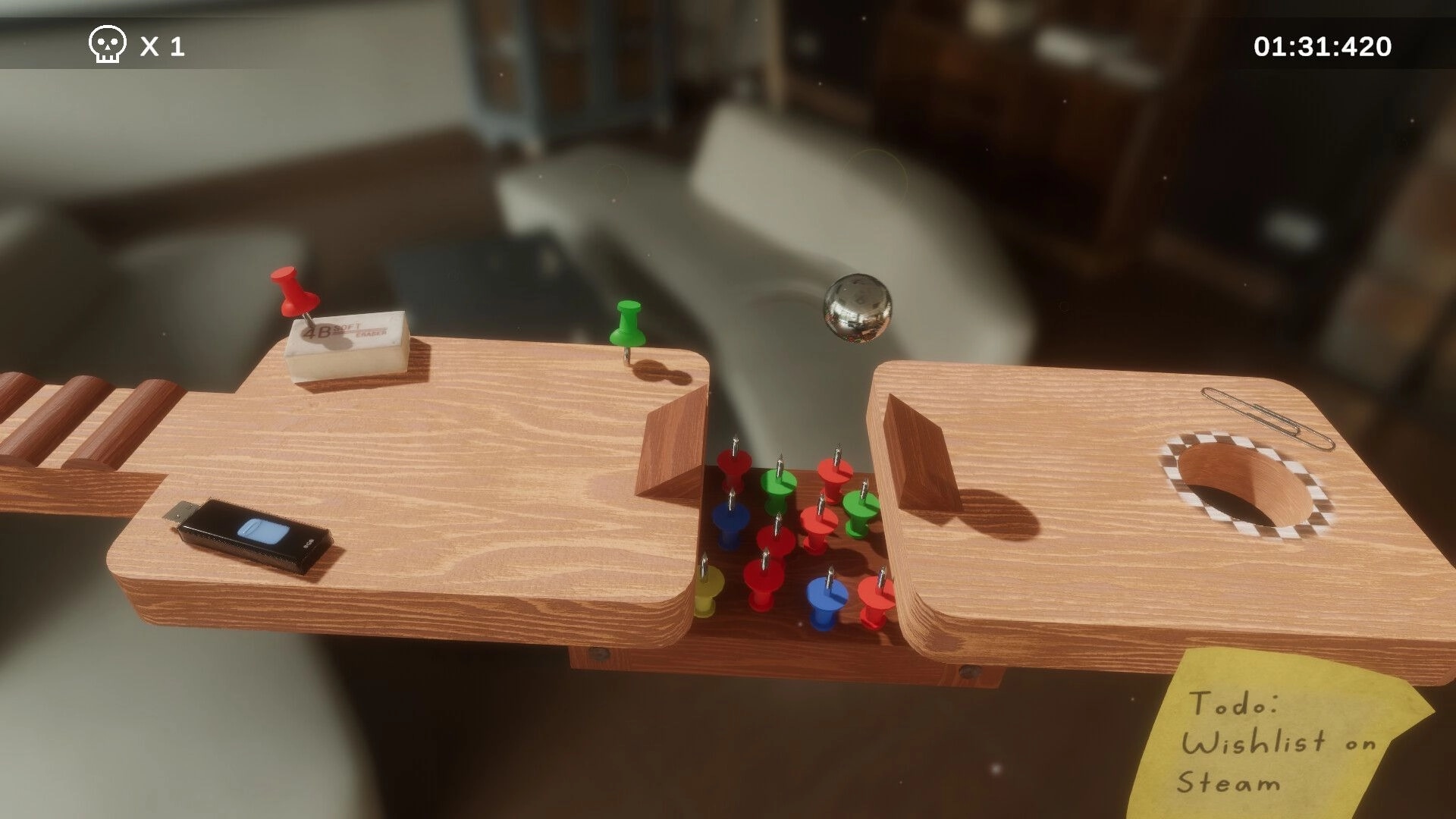 Hi-Fi Roller: Metal marble jumps between wooden platforms with pins and timer UI in workshop air.
