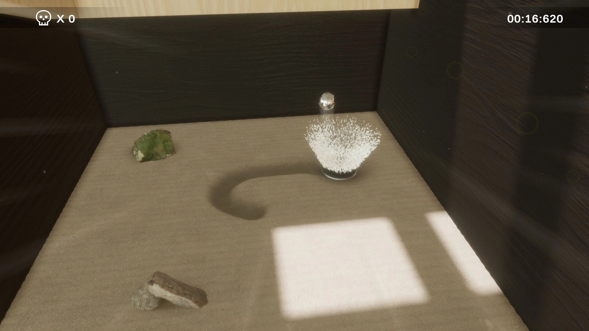 Hi-Fi Roller: Marble lands beside a sparkling checkpoint on a sandy box arena with timer and skull UI.