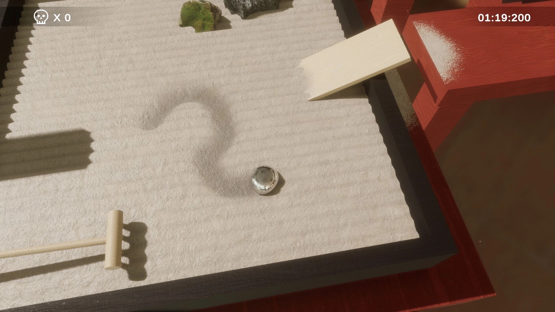 Hi-Fi Roller: Marble rolls across a rippled sand tray with ramps and timer UI in the workshop course.