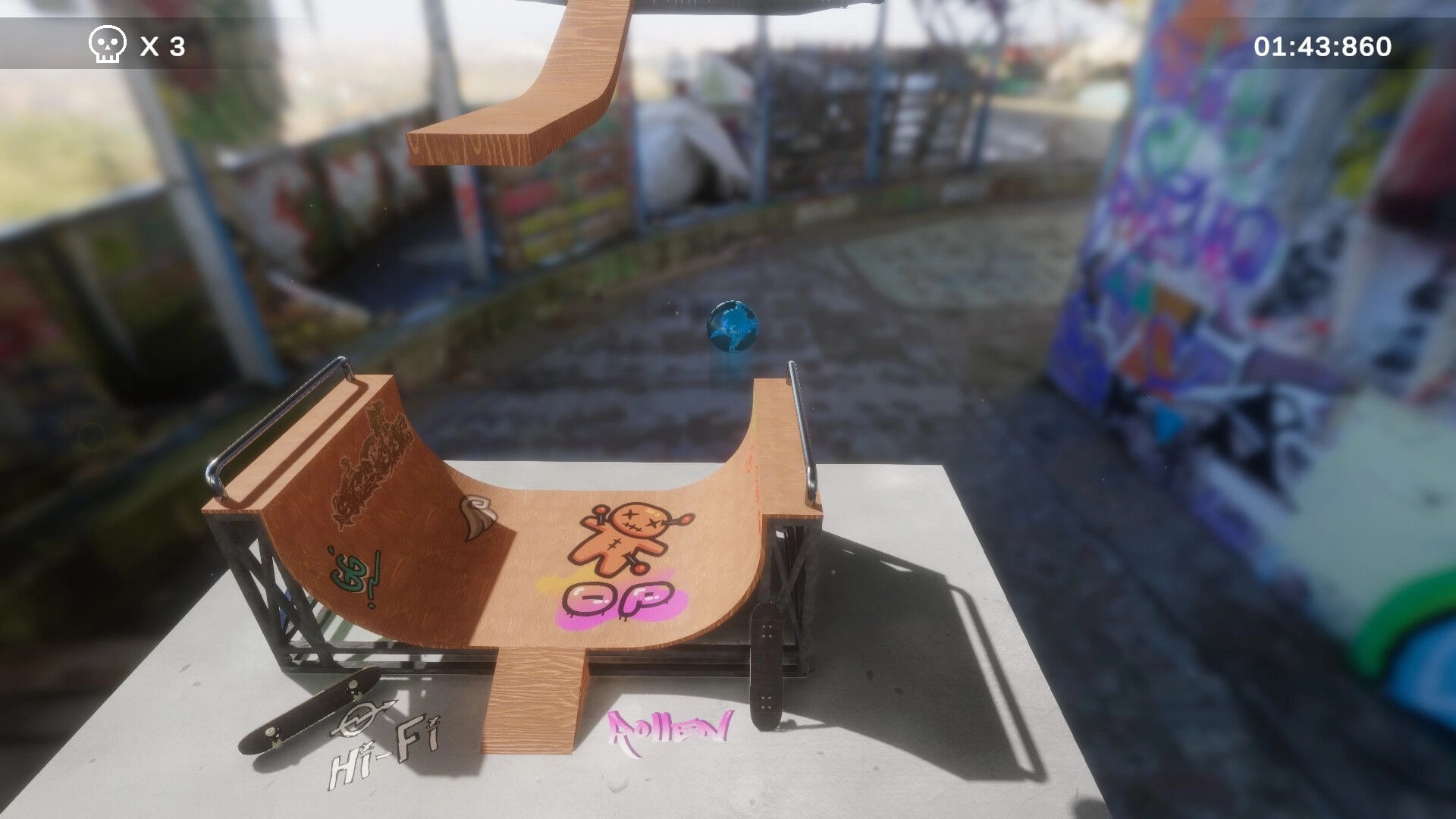 Hi-Fi Roller: Blue marble poised on a wooden mini halfpipe ramp, skull lives x3 and timer UI visible.