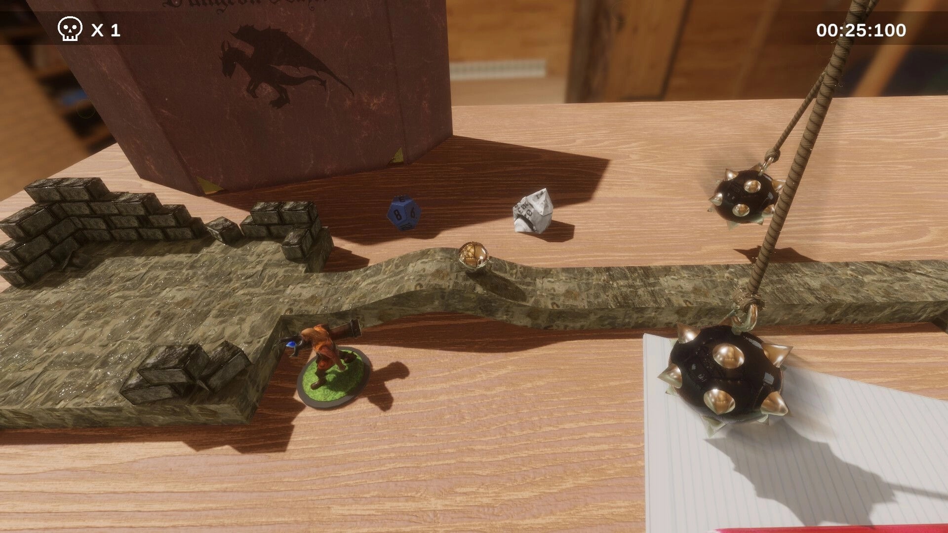 Hi-Fi Roller: Gold marble on stone track beside dice and swinging spiked balls on a desk, timer UI.