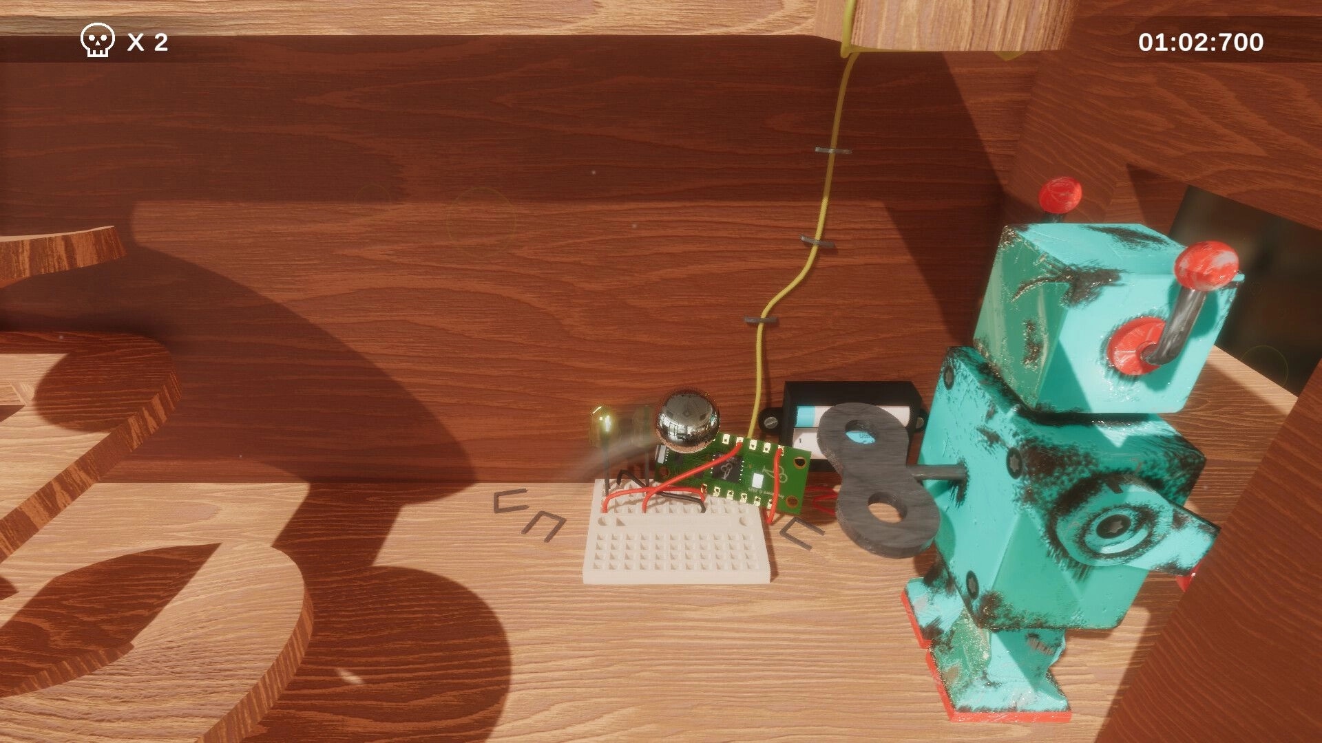 Hi-Fi Roller: Marble rolls past circuit board props and toy robot on wooden shelf, timer UI visible.