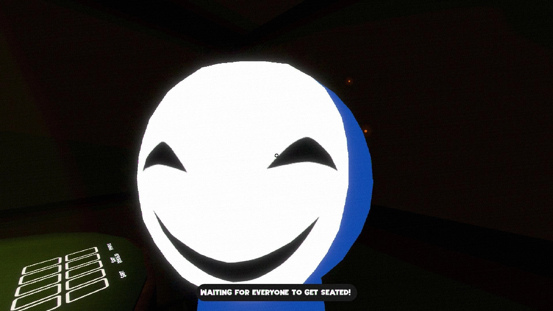Hidden Deal: Close-up of a smiling masked player at the card table in a dim room lobby screen.