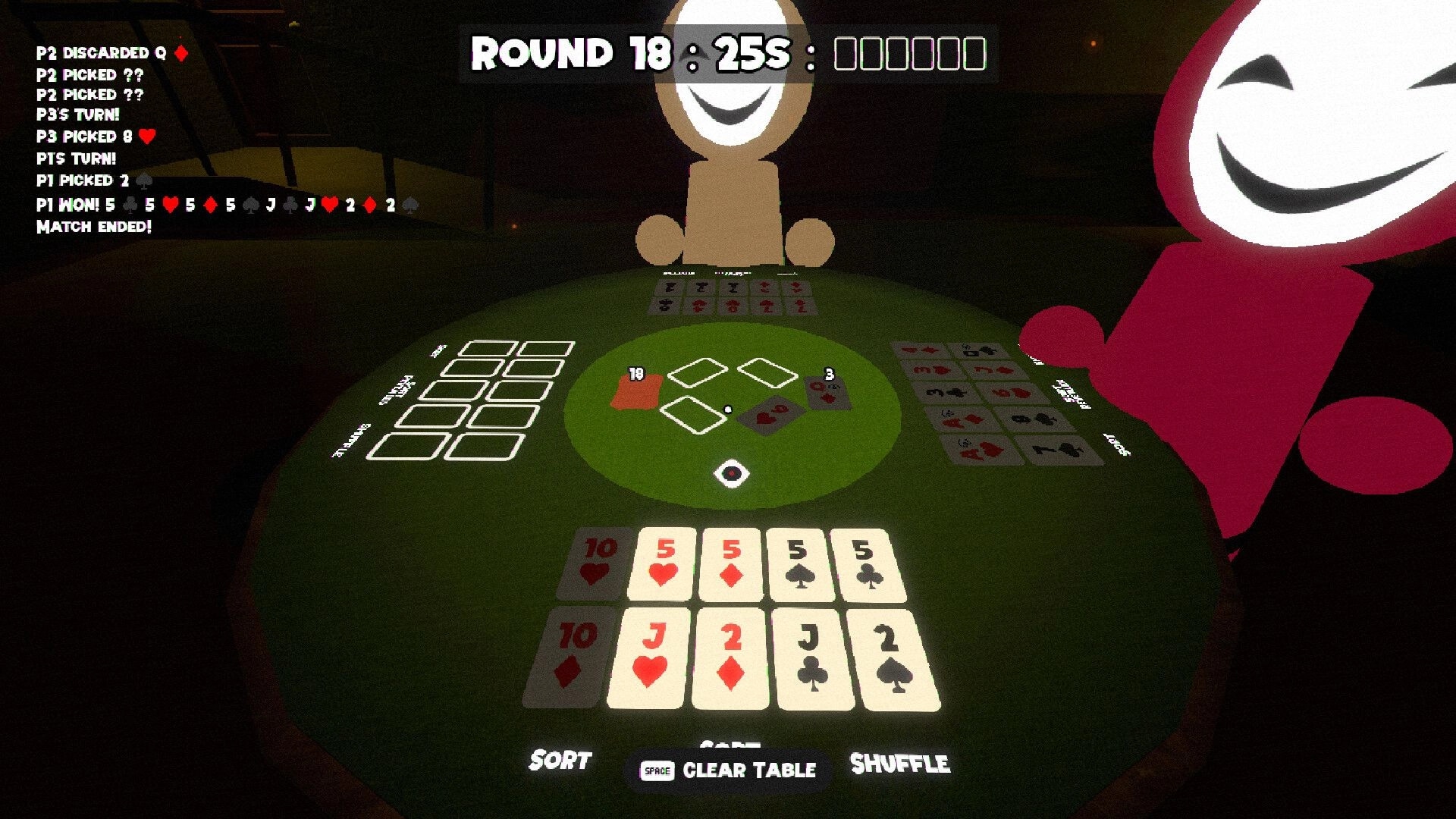 Hidden Deal: Round 18 timer over a card table with players’ hands shown in a dim room setting.
