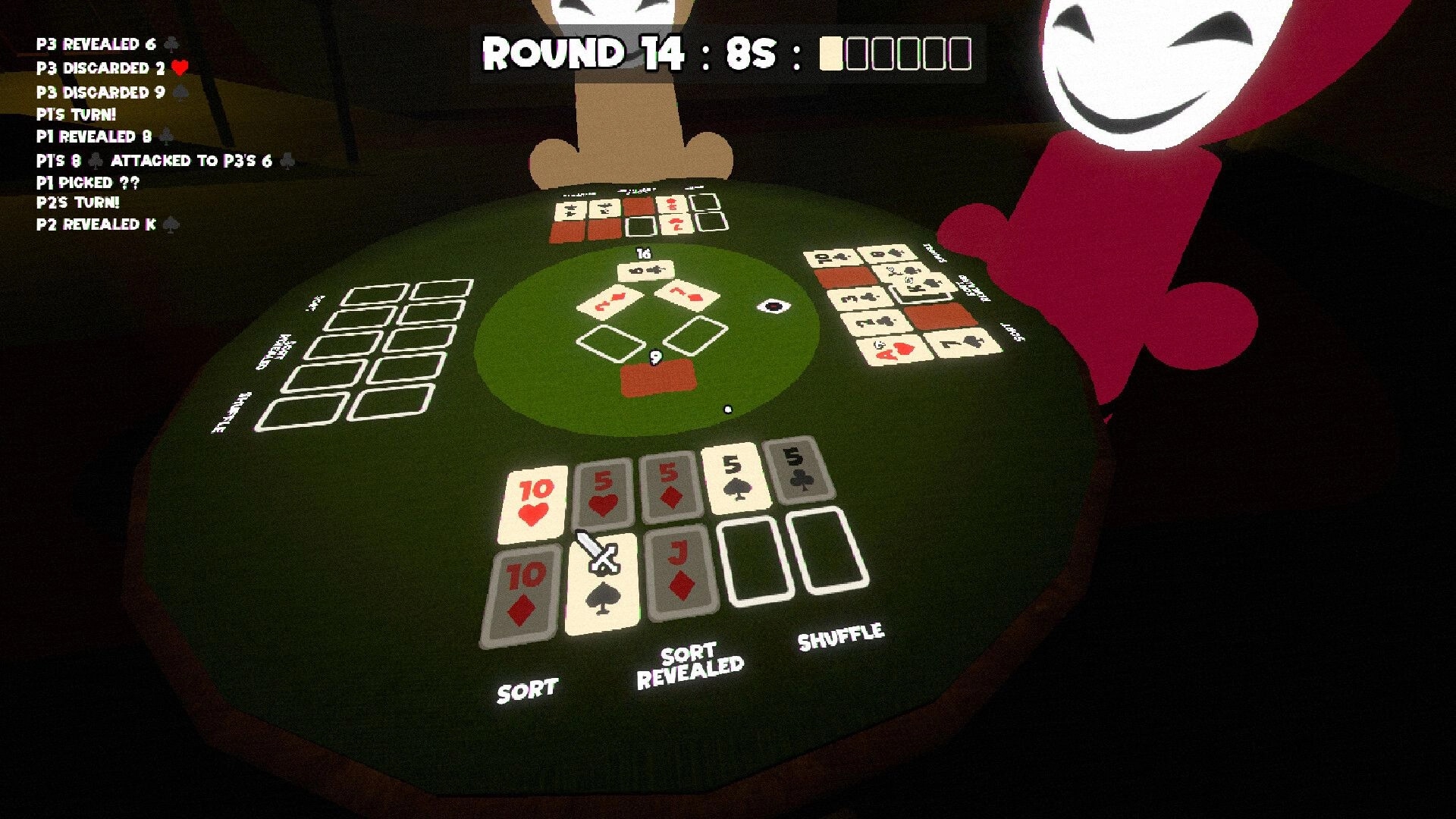 Hidden Deal: Round 14 card table with hands and discard piles, masked players in dim room.
