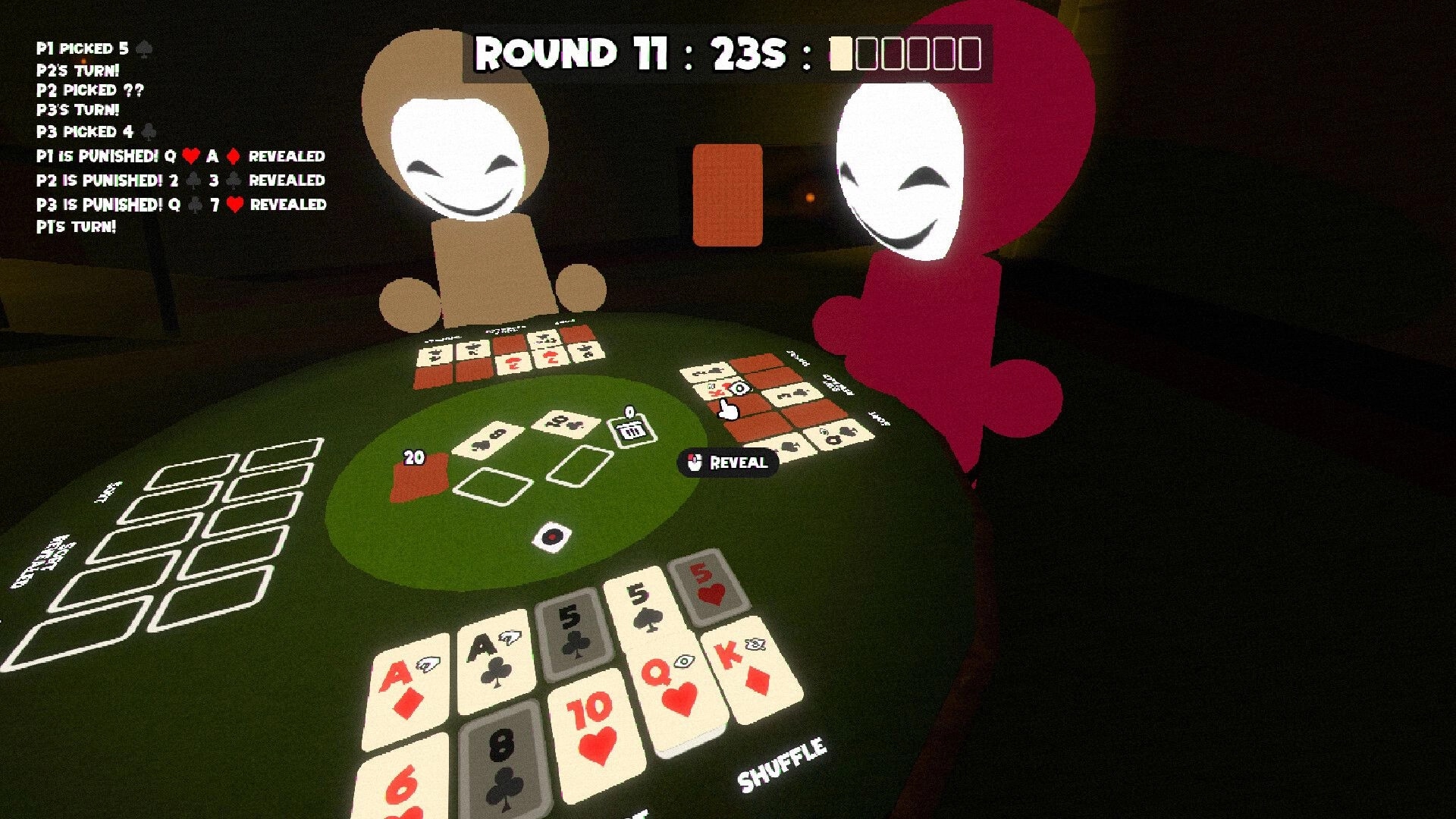 Hidden Deal: Two masked players at a card table with reveal prompt and round timer in dim room.