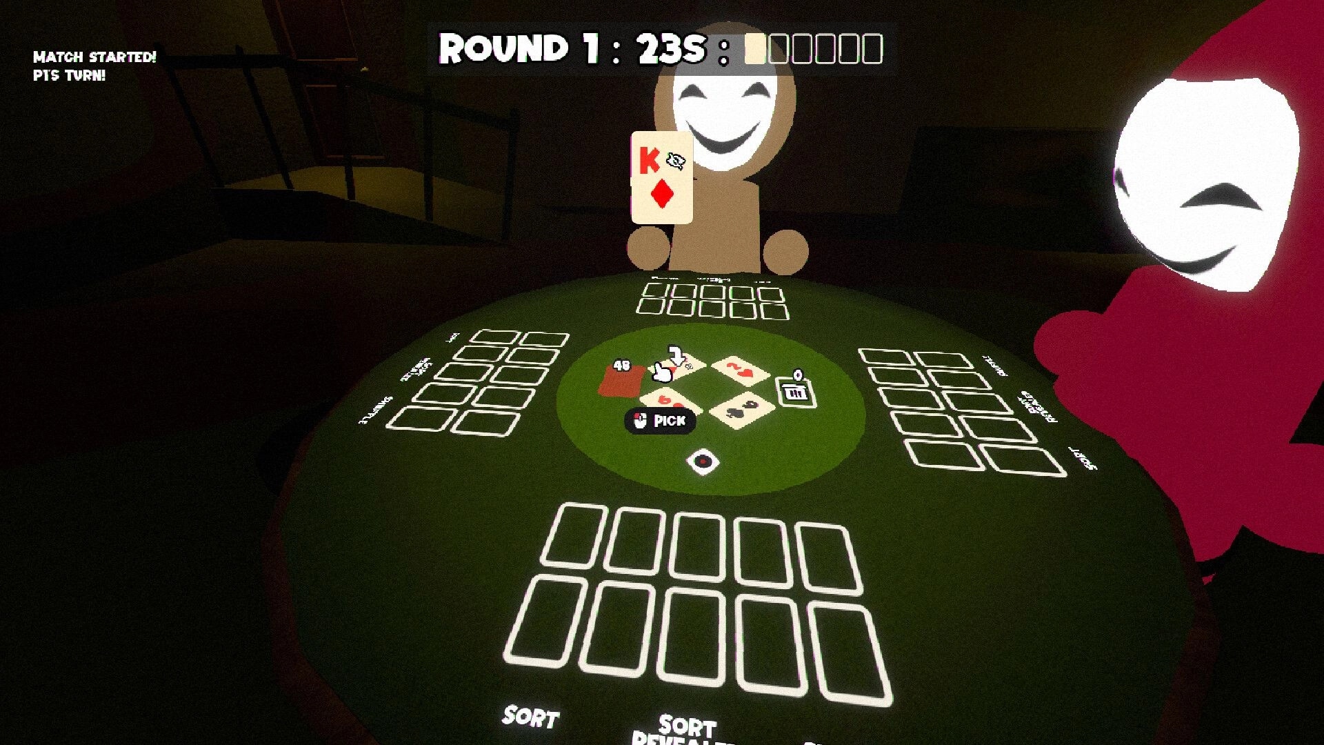 Hidden Deal: Round 1 timer over a card table with masked players and a pick prompt in dim room.