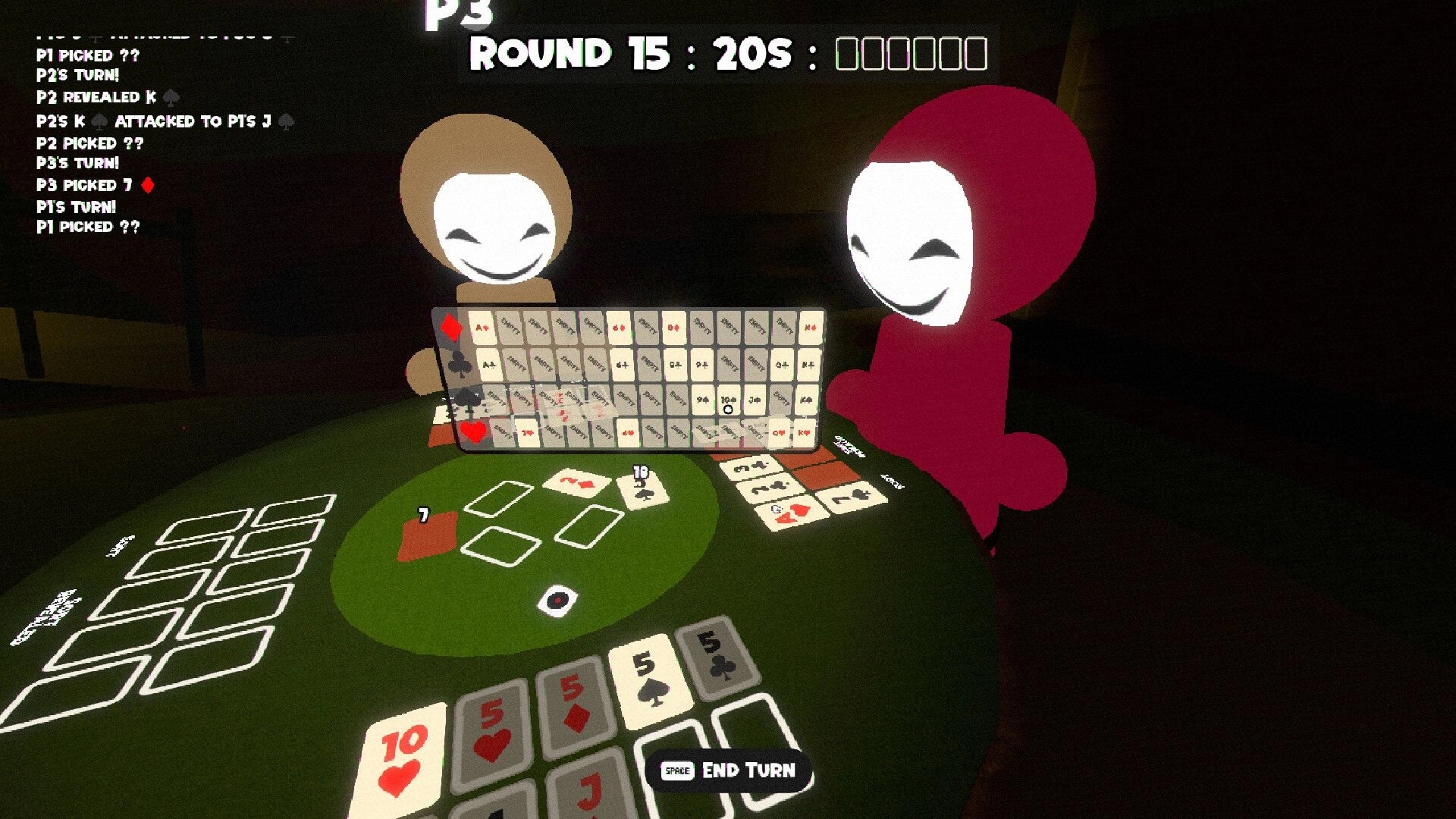 Hidden Deal: Two masked players at a card table with round timer, hand cards, and action log UI indoors.