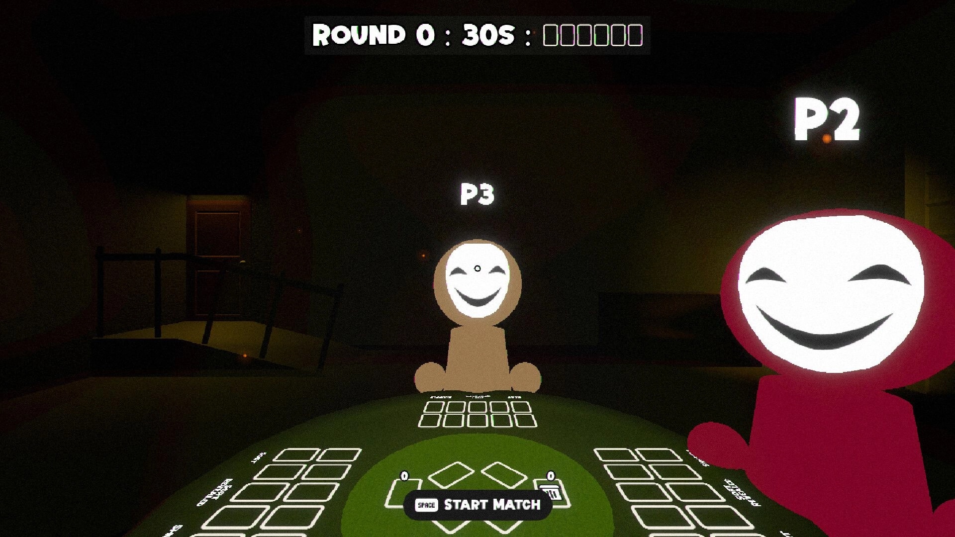 Hidden Deal: P2 and P3 avatars at a card table with Round 0 timer and Start Match prompt in room.