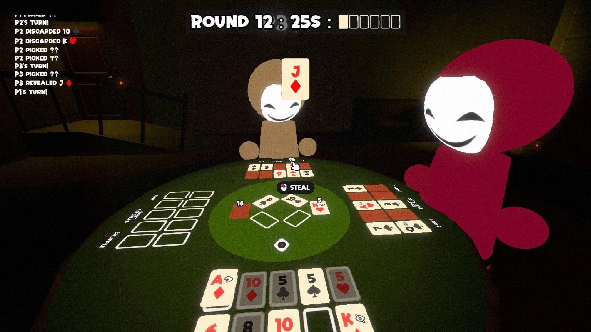 Hidden Deal: Steal action prompt over a card table with masked players and Round 12 timer UI in cave.