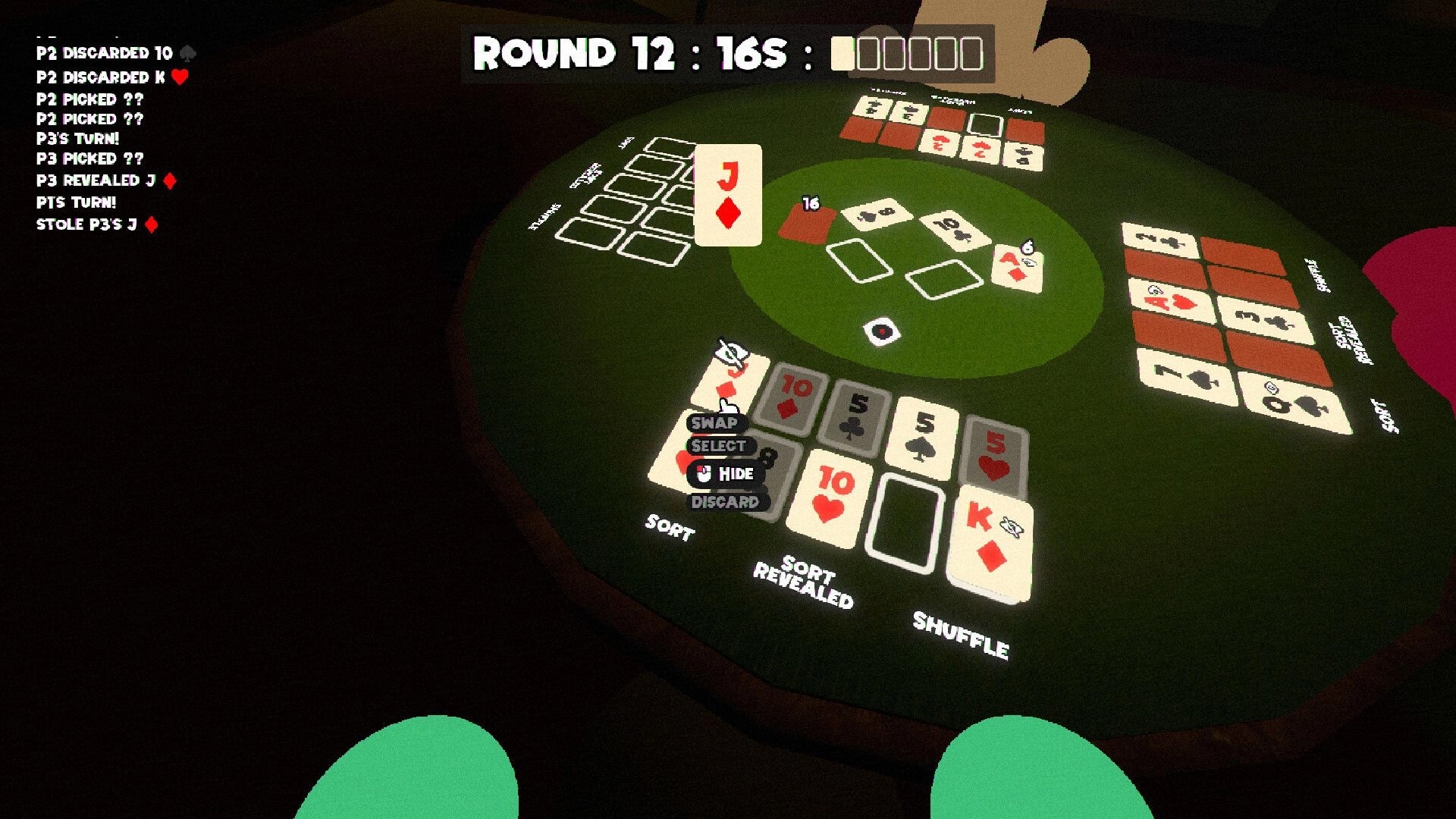 Hidden Deal: Round 12 card table with hand controls (swap, hide, discard) and player piles visible.