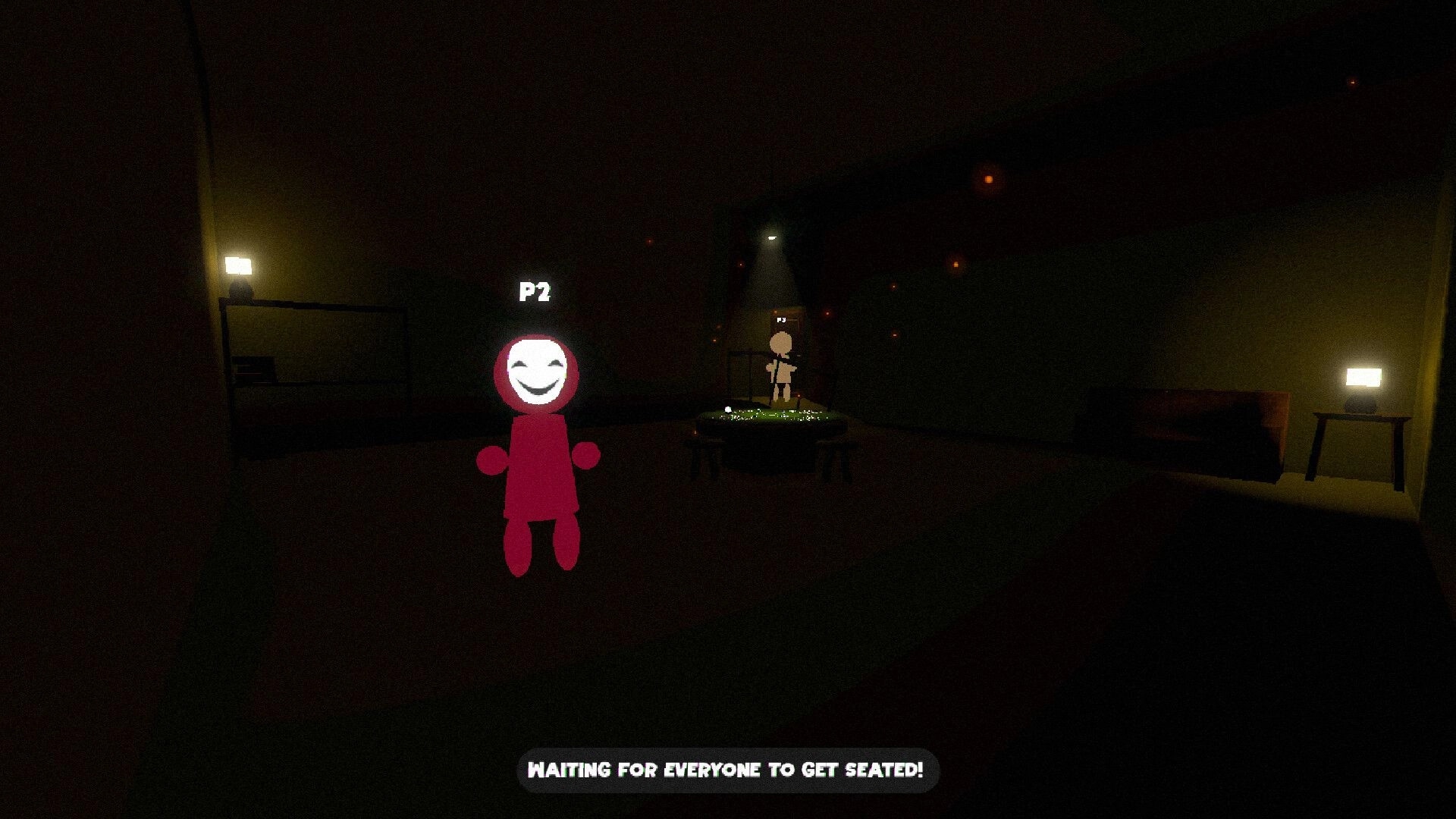 Hidden Deal: P2 red masked avatar in lobby room with table and text waiting for everyone seated.