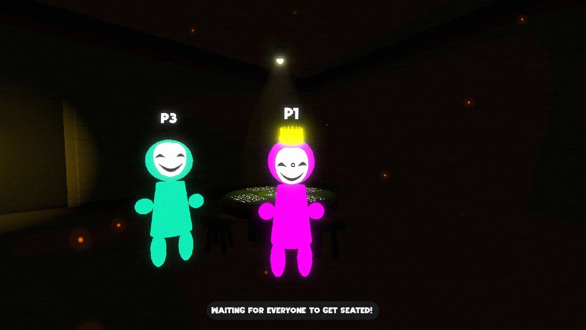 Hidden Deal: P1 and P3 neon avatars by a card table in dark room, waiting for players to sit.