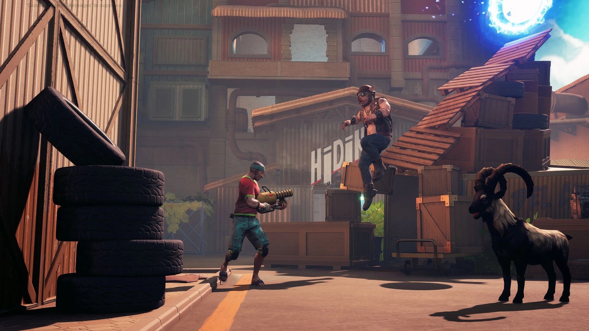 Hiding: Two characters in combat, one jumping, in an industrial arena with crates and a goat nearby.